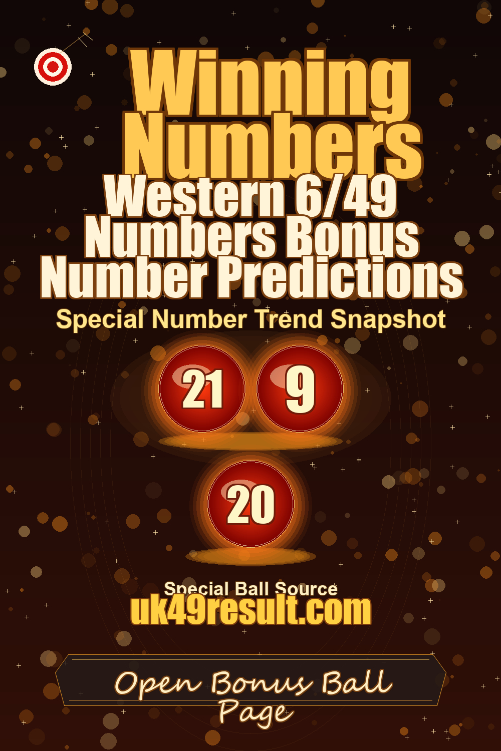 Western 6/49 Numbers Bonus Number Predictions image showing extra ball: 21, 9, 20