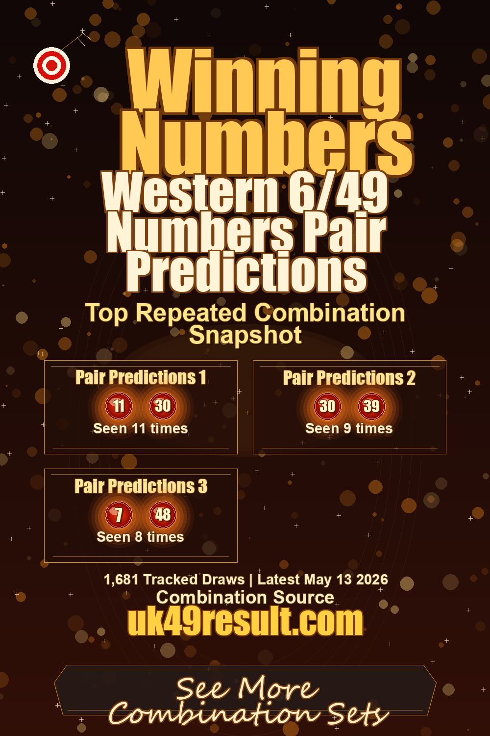 Western 6/49 Numbers Pair Predictions image showing pair predictions 1: 11, 30. pair predictions 2: 30, 39. pair predictions 3: 7, 48