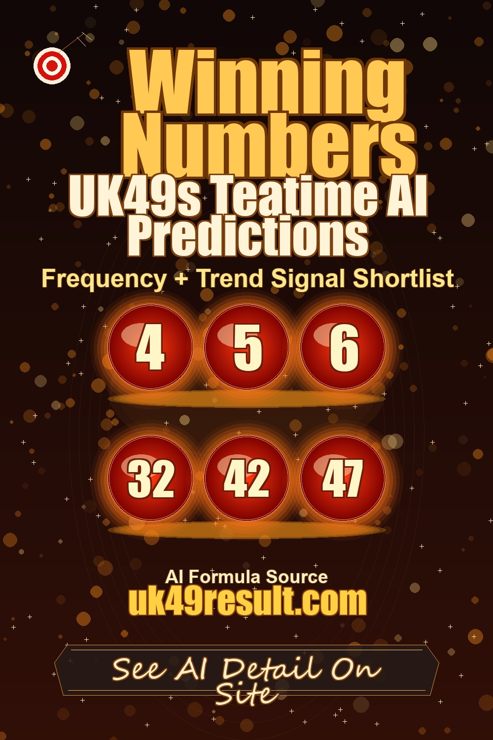 UK49s Teatime AI Predictions image showing 4, 5, 6, 32, 42, 47