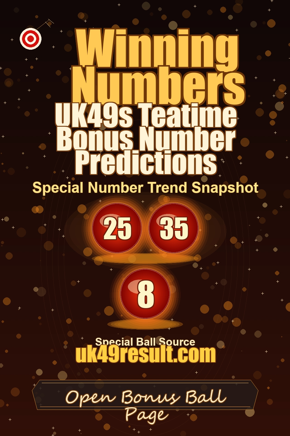 UK49s Teatime Bonus Number Predictions image showing booster ball: 25, 35, 8