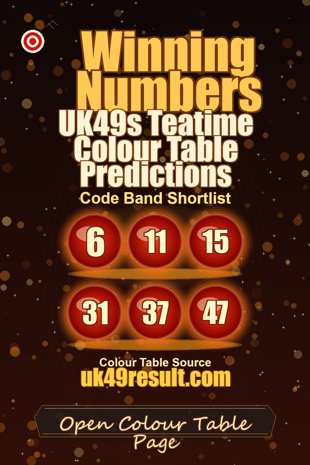 UK49s Teatime Colour Table Predictions image showing 6, 11, 15, 31, 37, 47