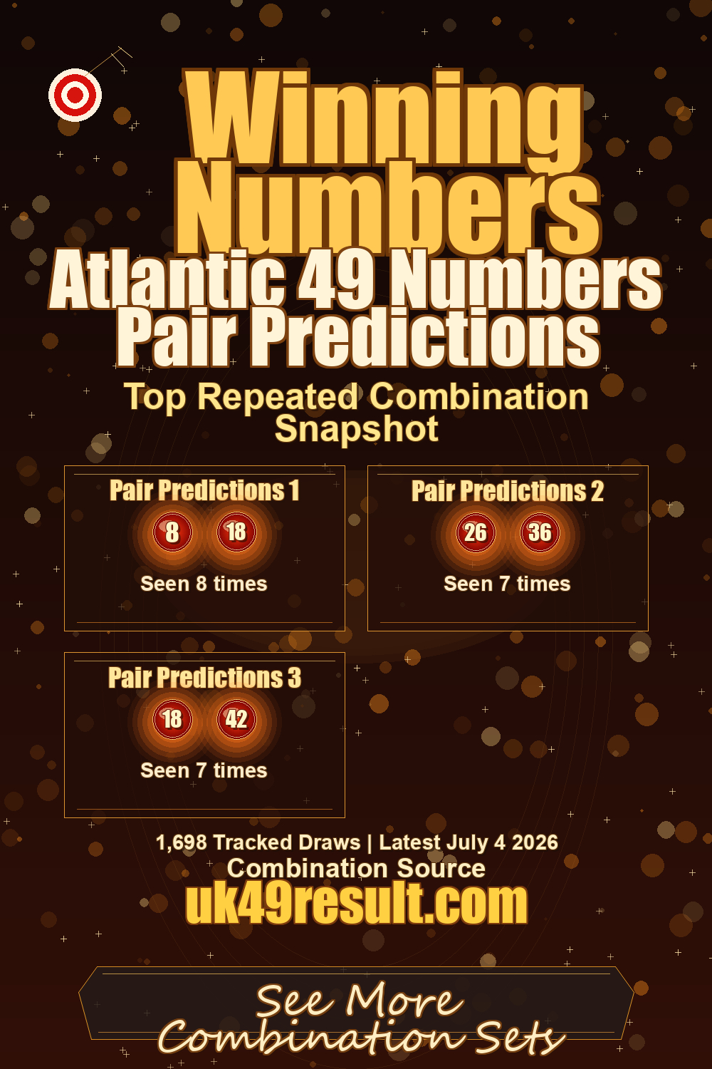 Atlantic 49 Numbers Pair Predictions image showing pair predictions 1: 8, 18. pair predictions 2: 26, 36. pair predictions 3: 18, 42