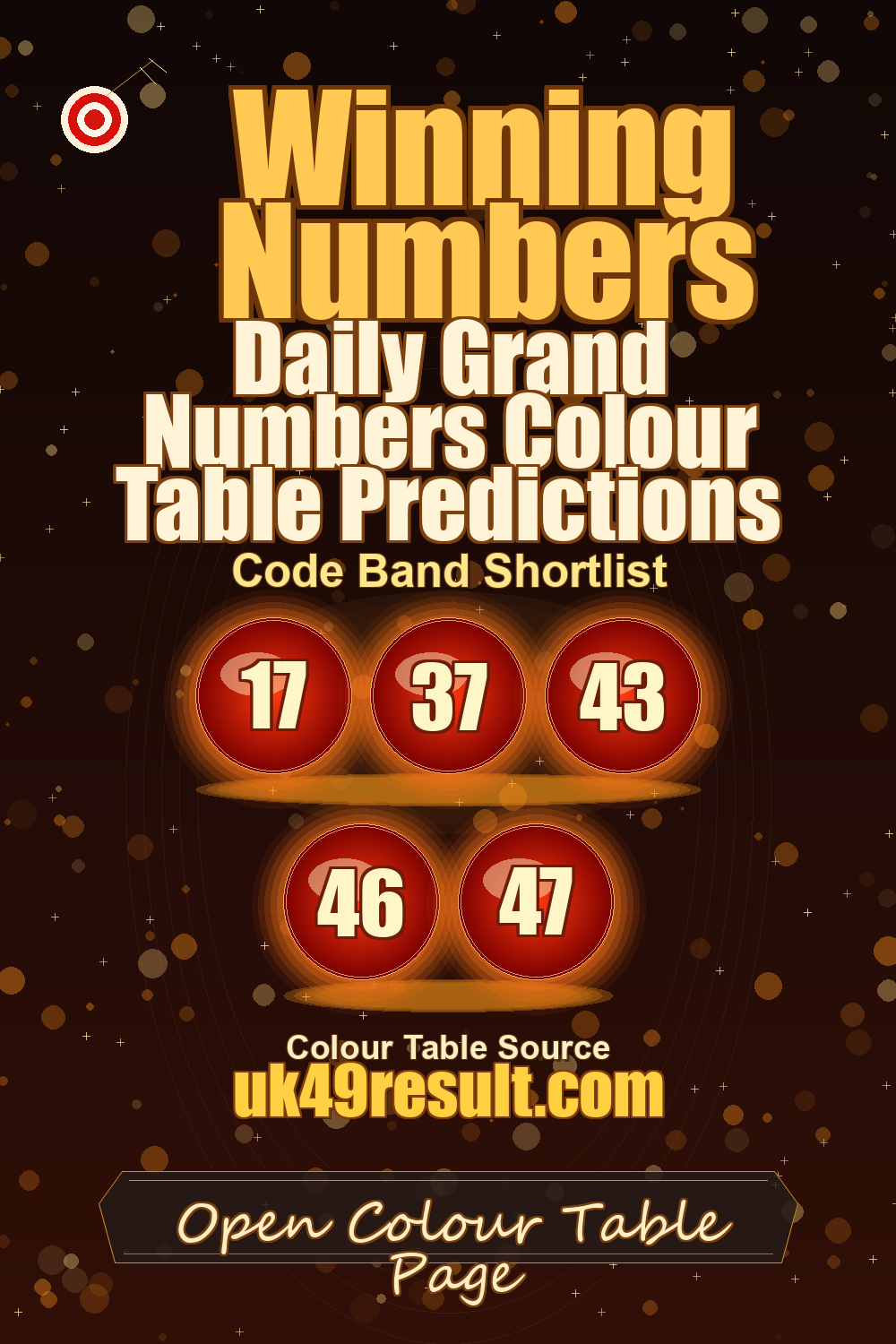 Daily Grand Numbers Colour Table Predictions image showing 17, 37, 43, 46, 47