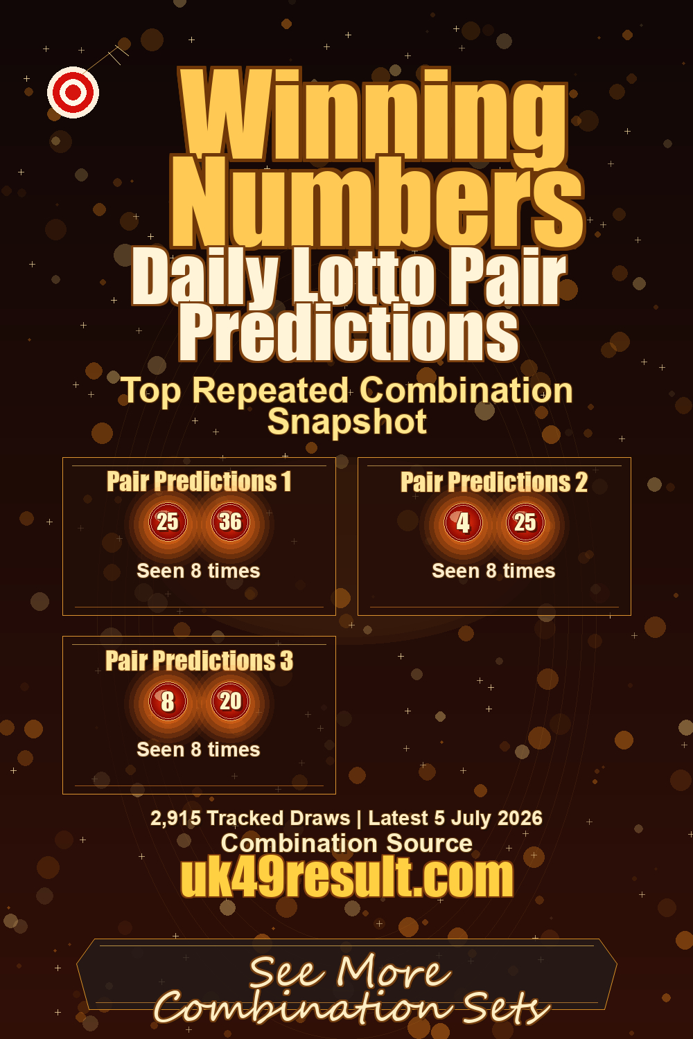 Daily Lotto Pair Predictions image showing pair predictions 1: 25, 36. pair predictions 2: 4, 25. pair predictions 3: 8, 20