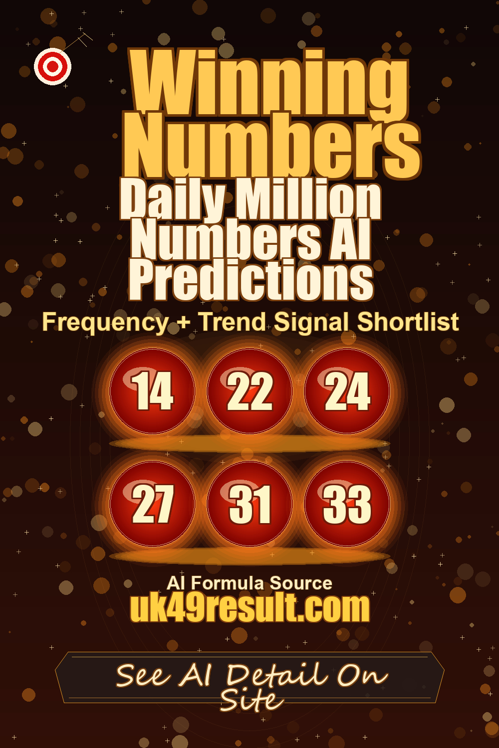 Daily Million Numbers AI Predictions image showing 14, 22, 24, 27, 31, 33