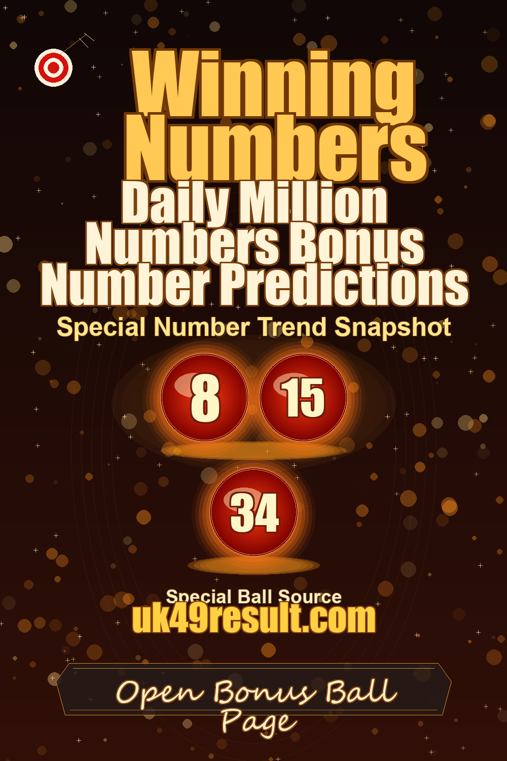 Daily Million Numbers Bonus Number Predictions image showing bonus ball: 8, 15, 34