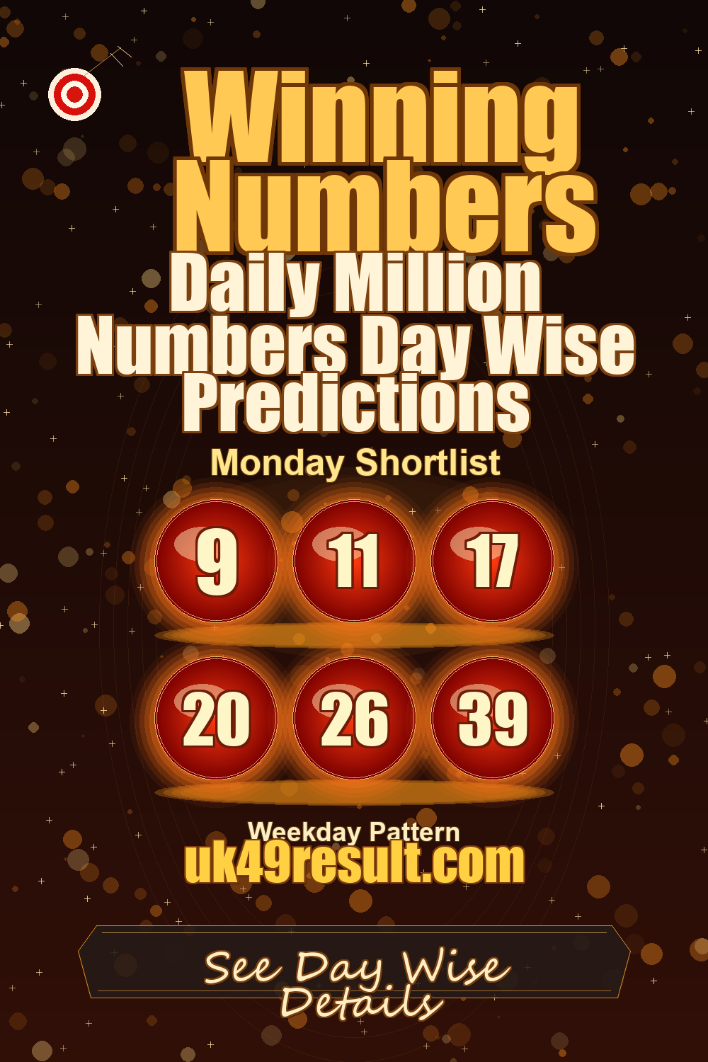 Daily Million Numbers Day Wise Predictions image showing 9, 11, 17, 20, 26, 39