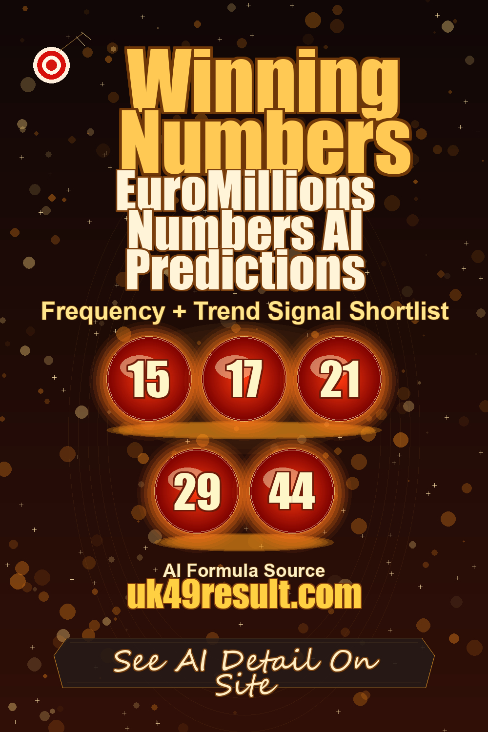 EuroMillions Numbers AI Predictions image showing 15, 17, 21, 29, 44
