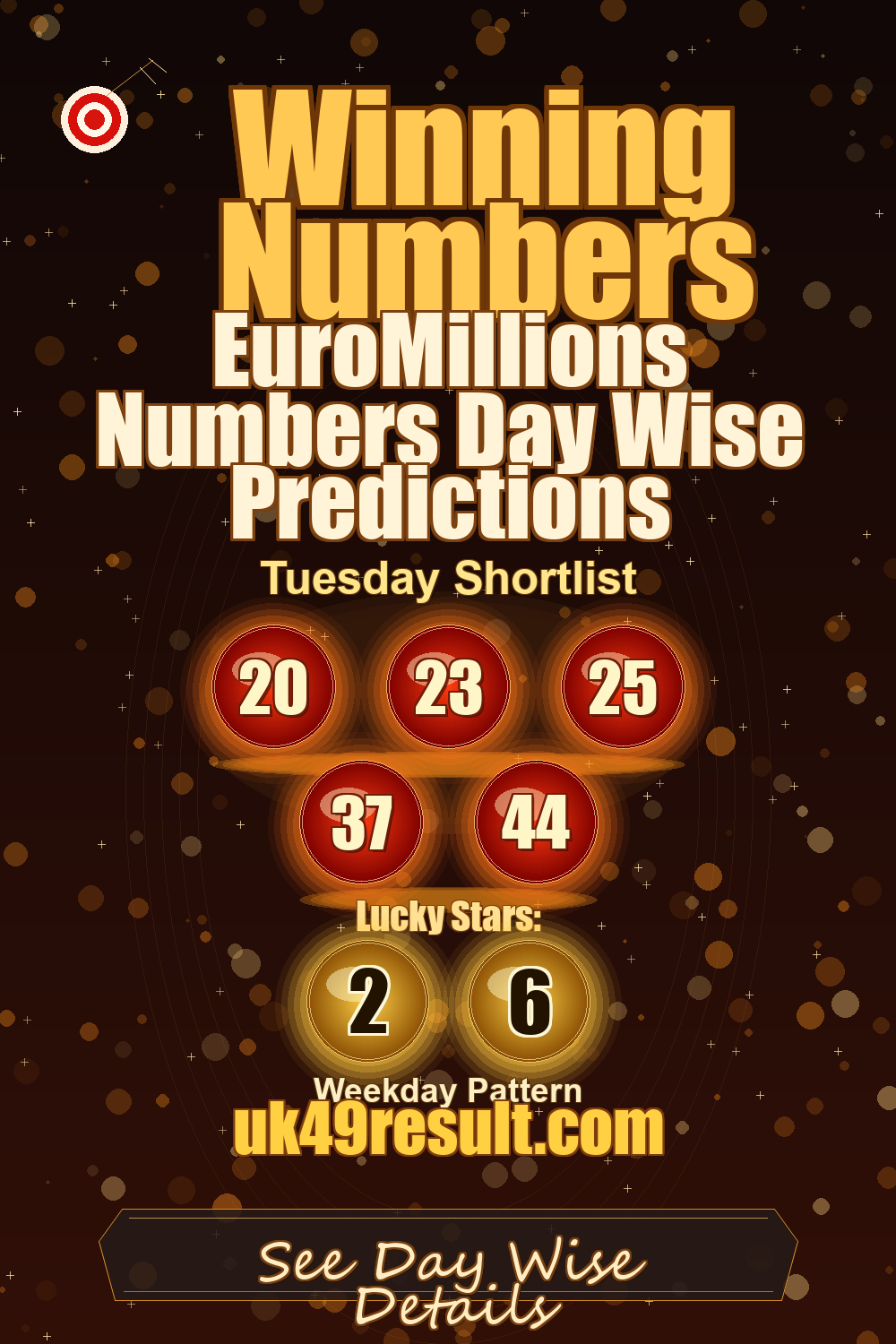 EuroMillions Numbers Day Wise Predictions image showing 20, 23, 25, 37, 44. lucky stars: 2, 6