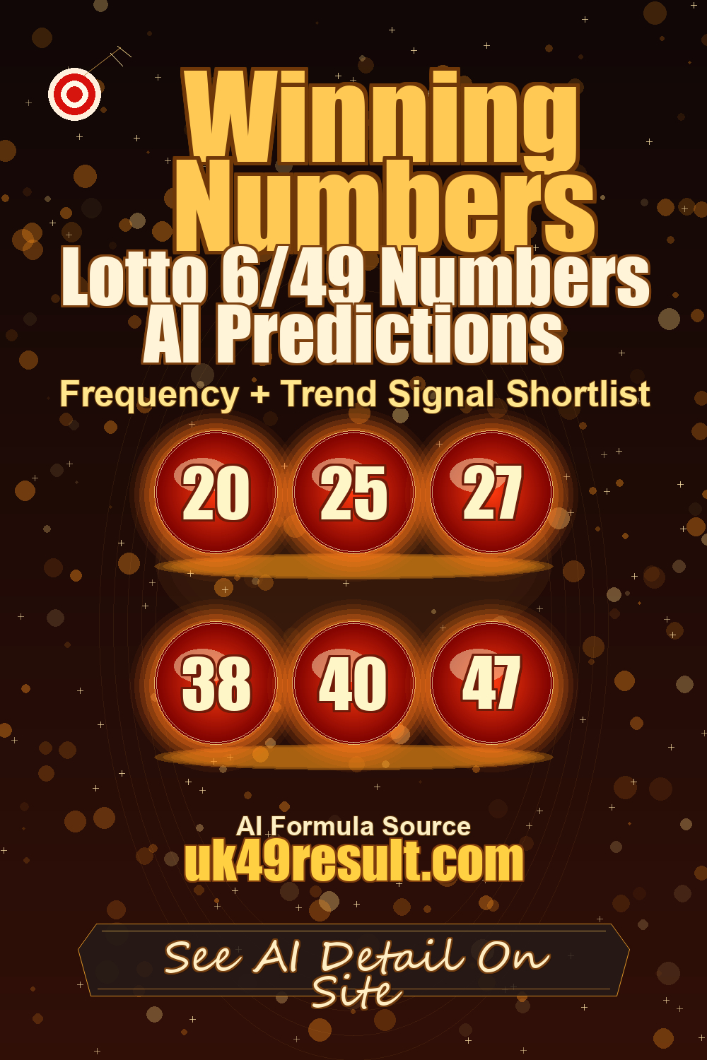 Lotto 6/49 Numbers AI Predictions image showing 20, 25, 27, 38, 40, 47