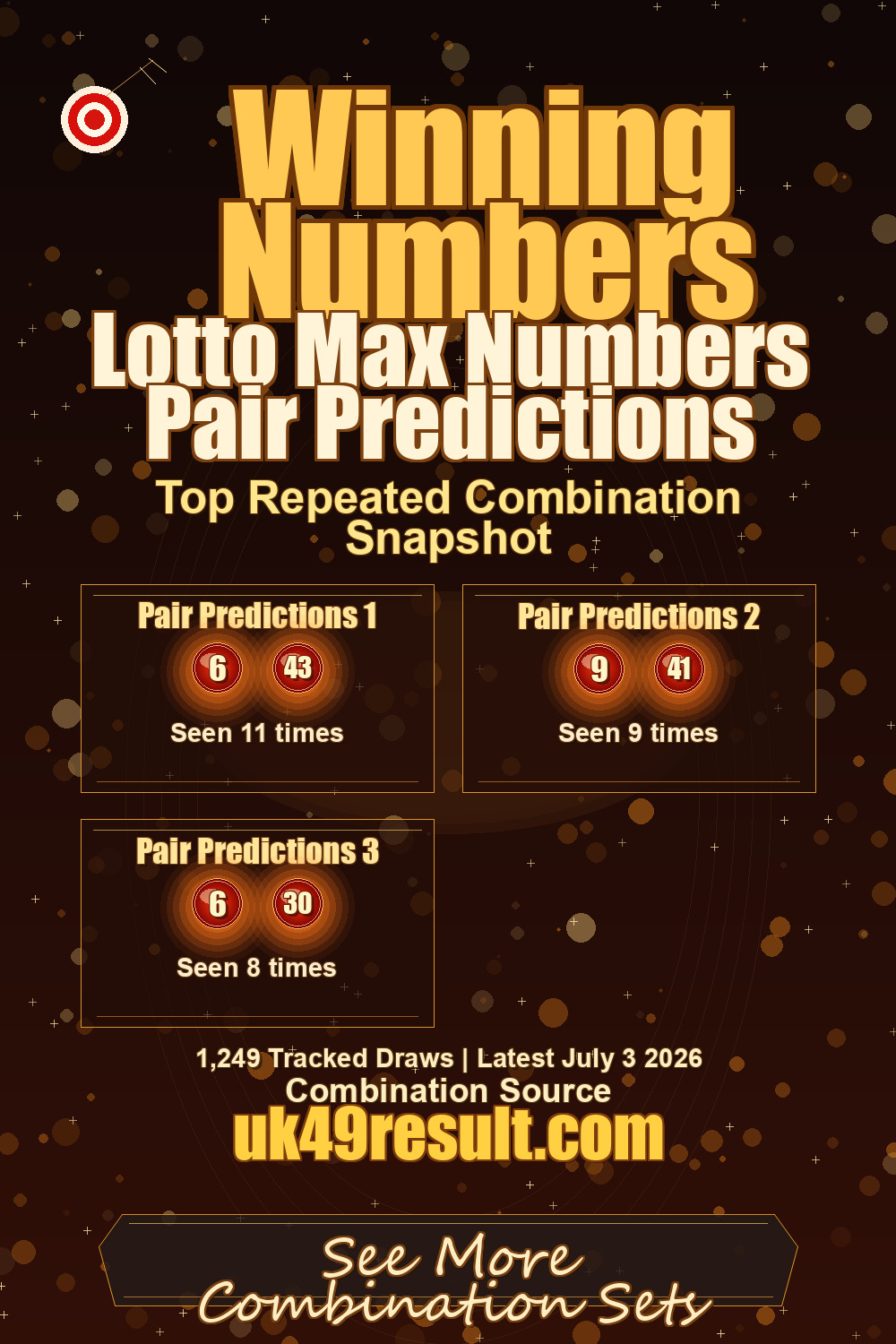 Lotto Max Numbers Pair Predictions image showing pair predictions 1: 6, 43. pair predictions 2: 9, 41. pair predictions 3: 6, 30