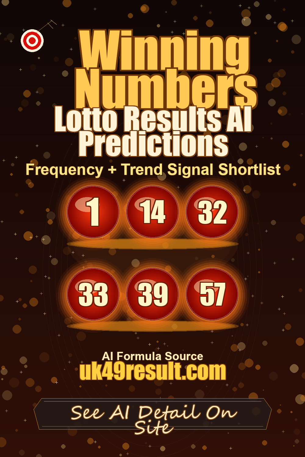Lotto Results AI Predictions image showing 1, 14, 32, 33, 39, 57