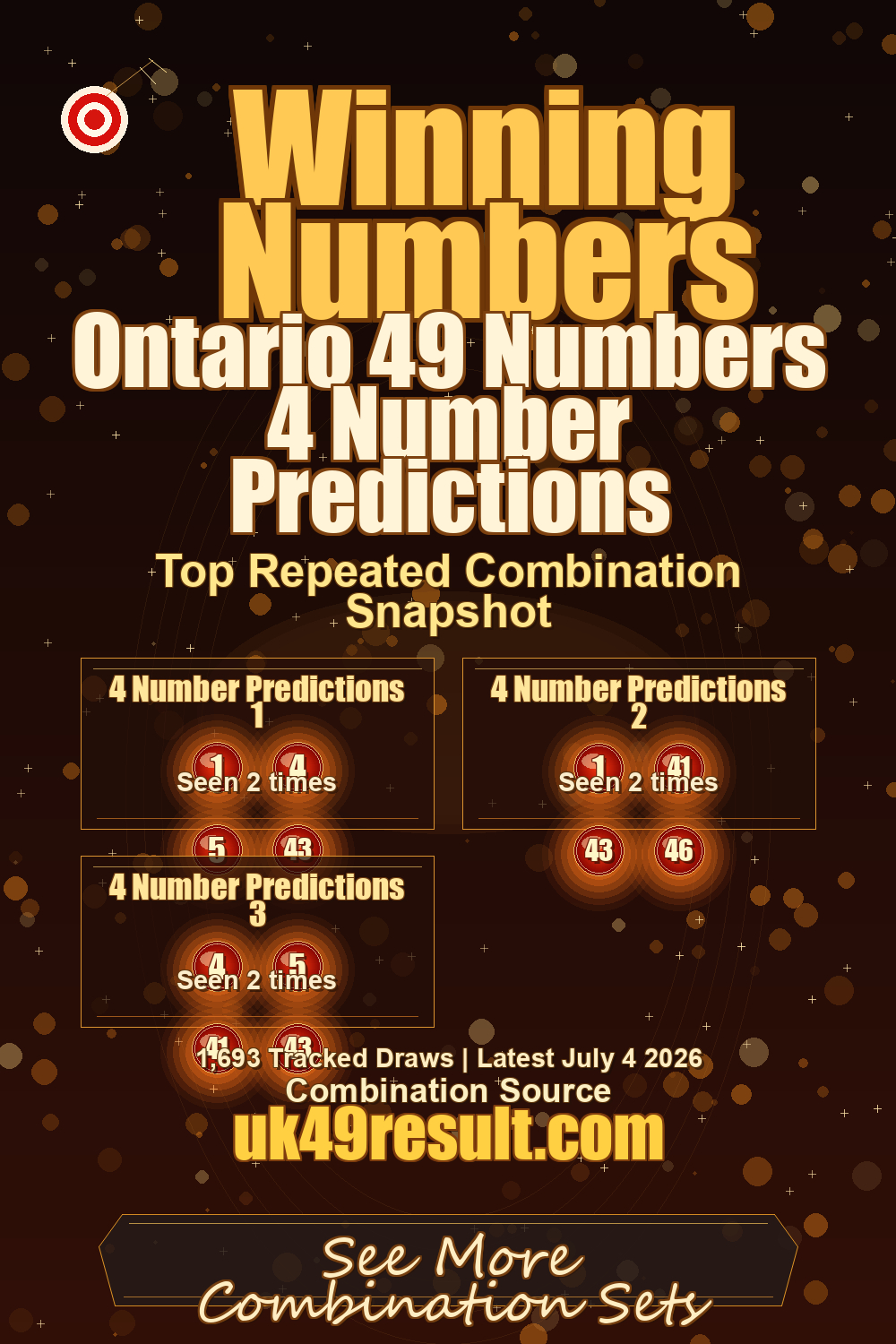 Ontario 49 Numbers 4 Number Predictions image showing 4 number predictions 1: 1, 4, 5, 43. 4 number predictions 2: 1, 41, 43, 46. 4 number predictions 3: 4, 5, 41, 43