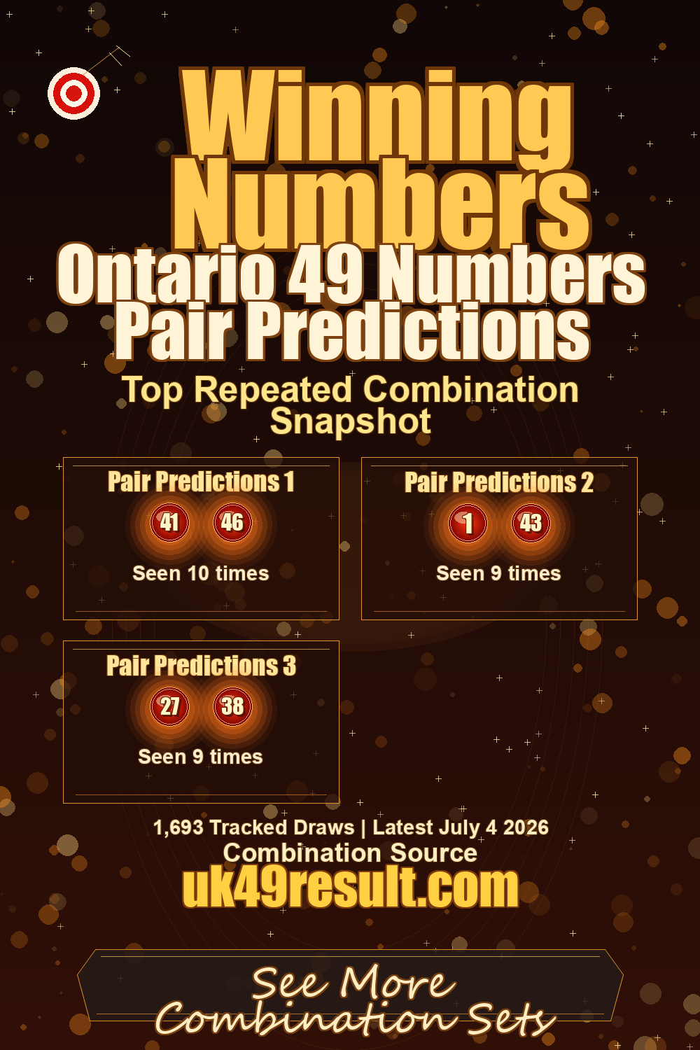 Ontario 49 Numbers Pair Predictions image showing pair predictions 1: 41, 46. pair predictions 2: 1, 43. pair predictions 3: 27, 38