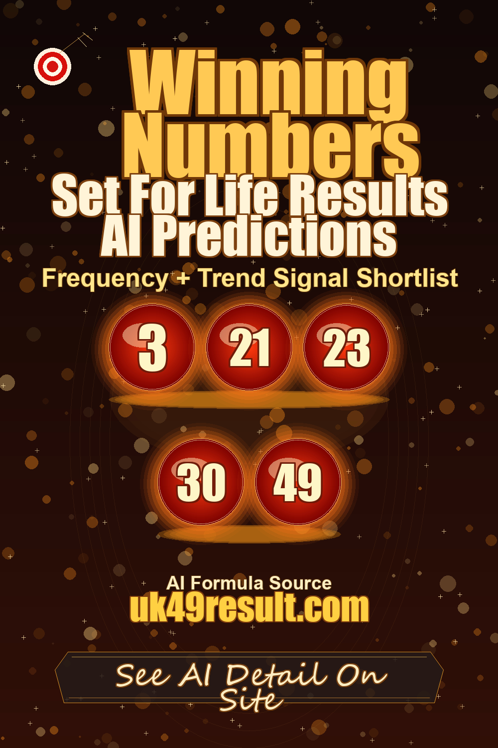 Set For Life Results AI Predictions image showing 3, 21, 23, 30, 49