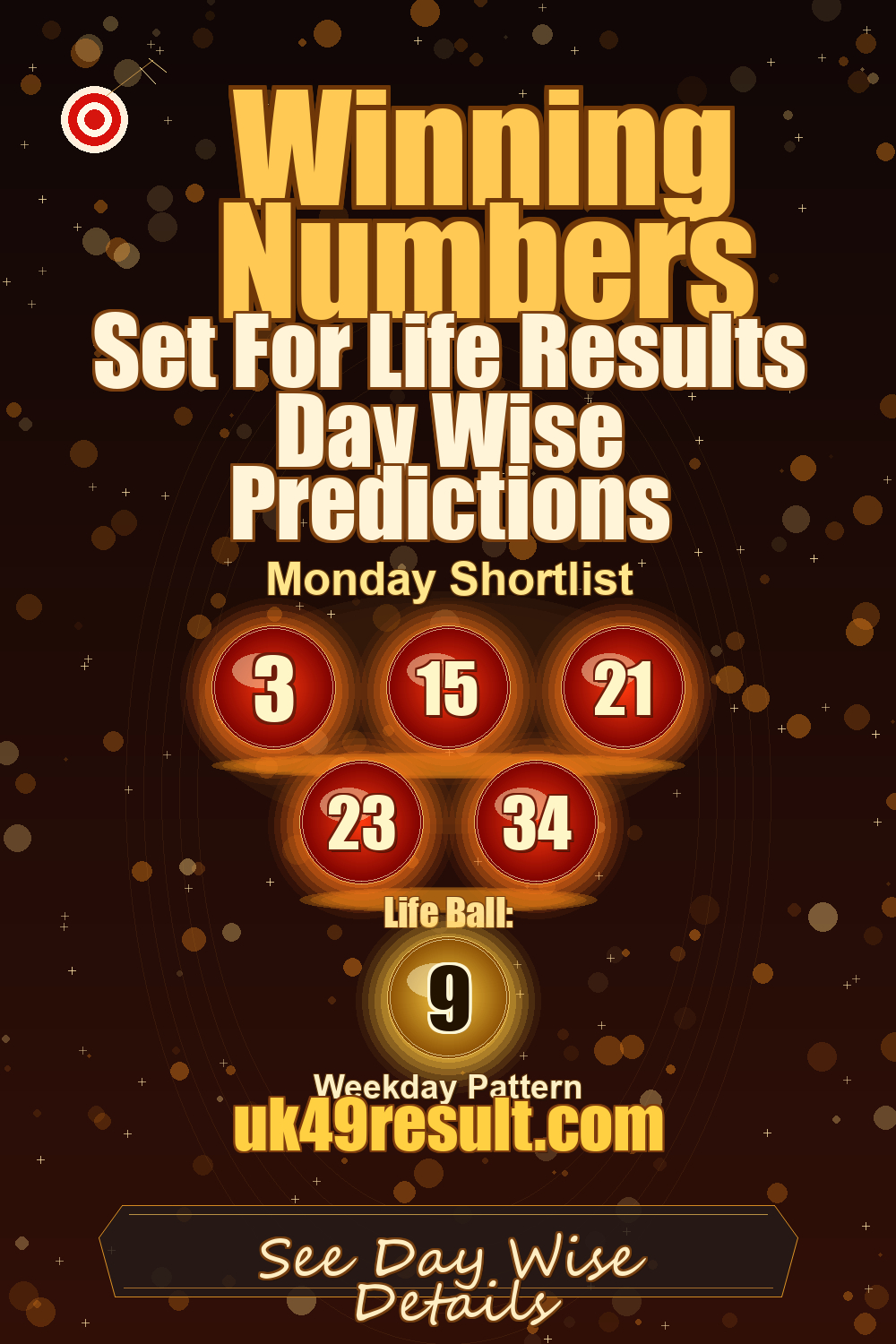 Set For Life Results Day Wise Predictions image showing 3, 15, 21, 23, 34. life ball: 9
