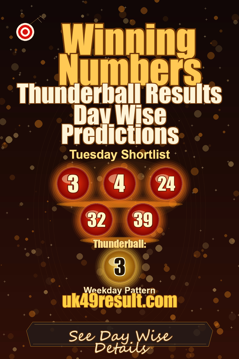 Thunderball Results Day Wise Predictions image showing 3, 4, 24, 32, 39. thunderball: 3