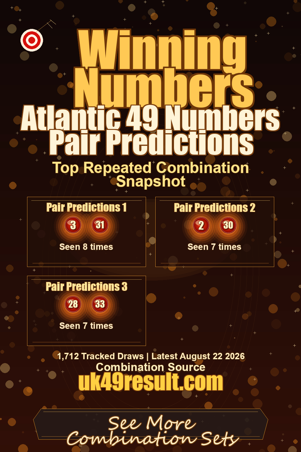 Atlantic 49 Numbers Pair Predictions image showing pair predictions 1: 3, 31. pair predictions 2: 2, 30. pair predictions 3: 28, 33