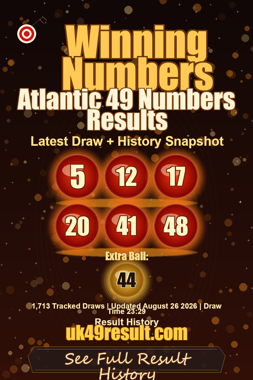 Atlantic 49 Numbers Results image showing 5, 12, 17, 20, 41, 48. extra ball: 44