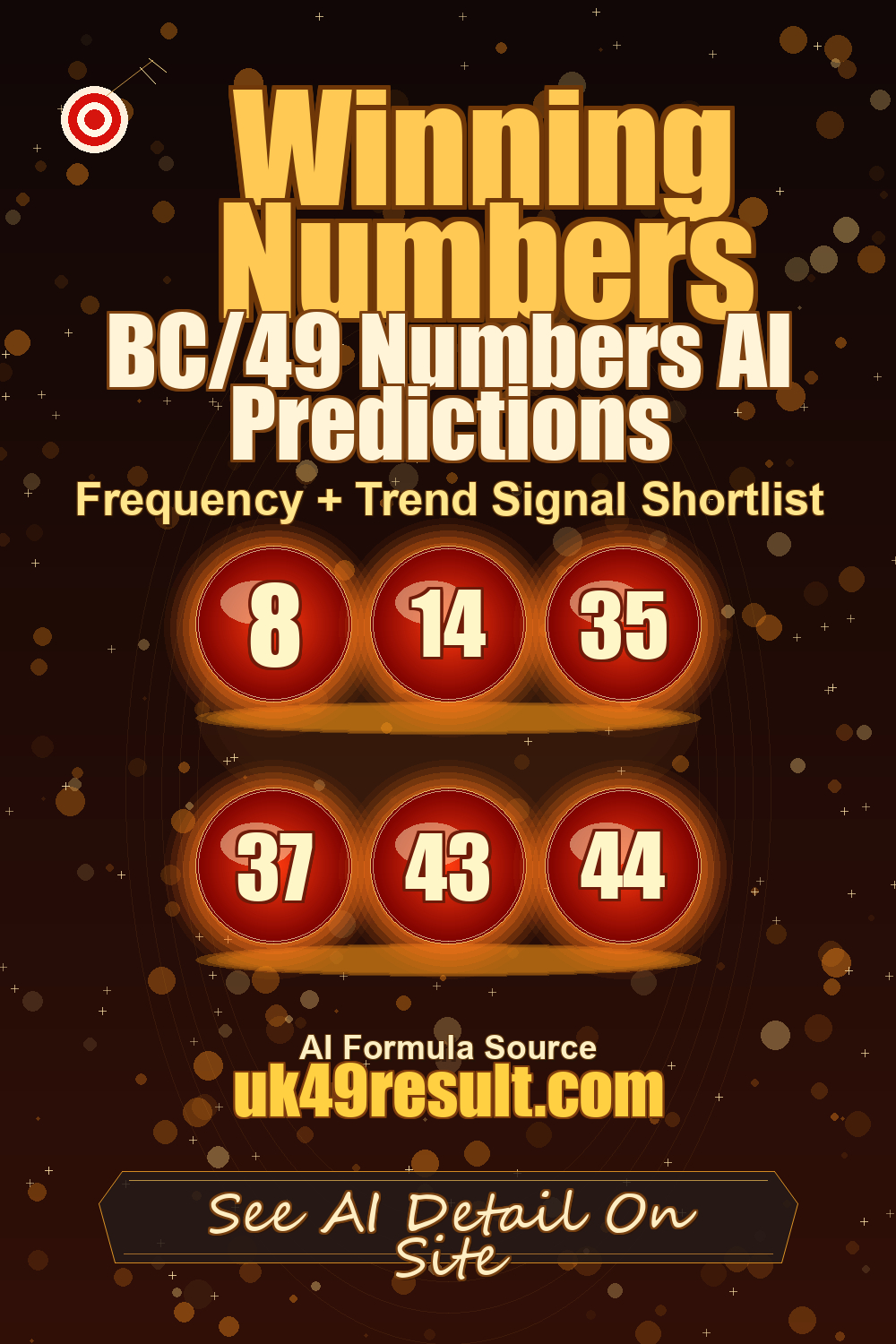 BC/49 Numbers AI Predictions image showing 8, 14, 35, 37, 43, 44