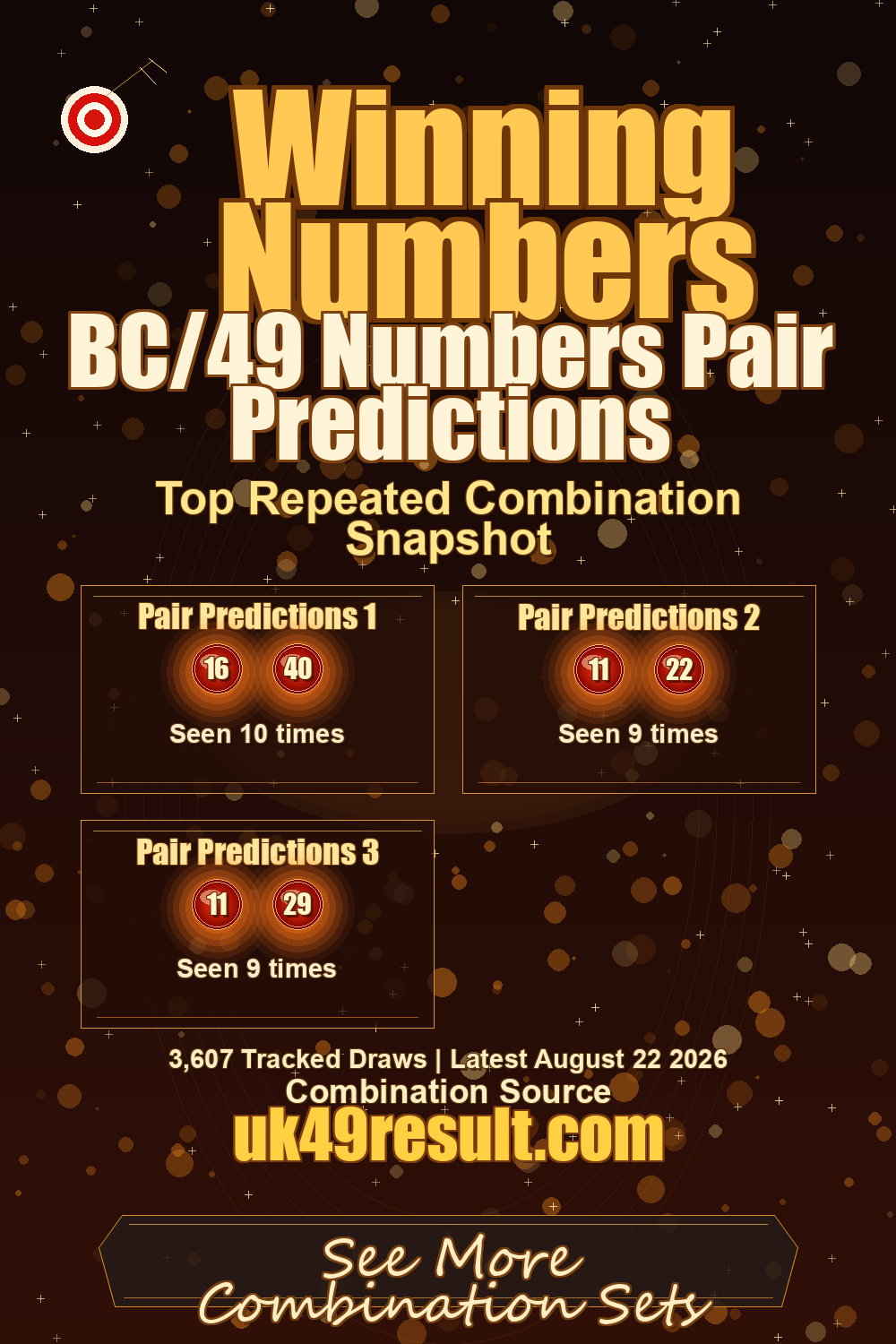 BC/49 Numbers Pair Predictions image showing pair predictions 1: 16, 40. pair predictions 2: 11, 22. pair predictions 3: 11, 29