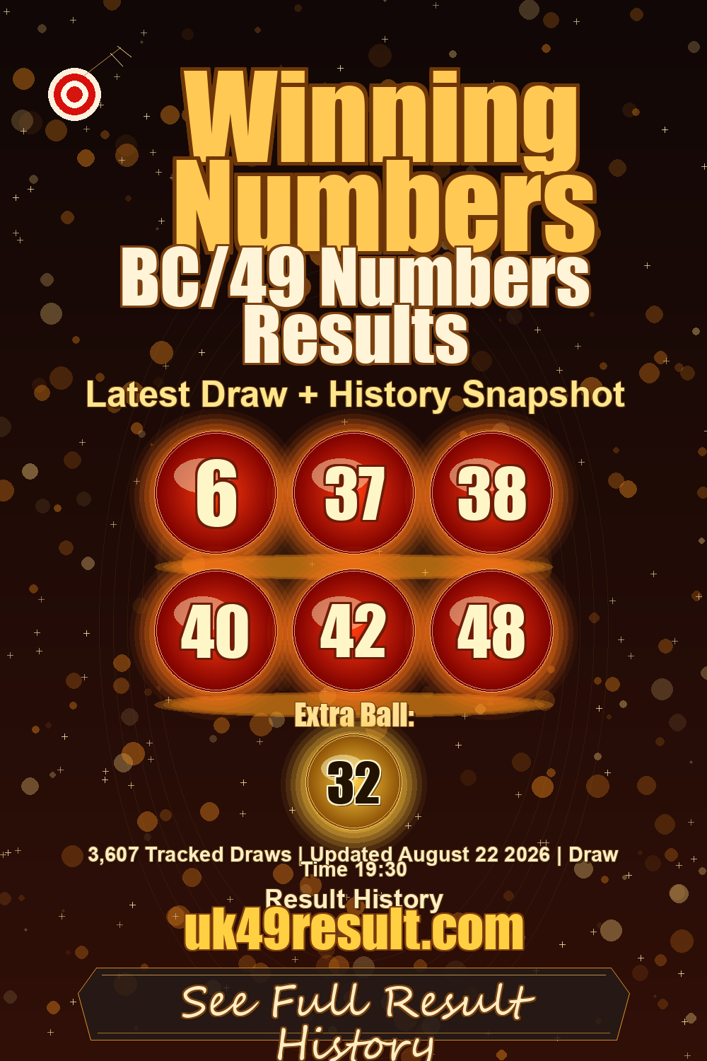 BC/49 Numbers Results image showing 6, 37, 38, 40, 42, 48. extra ball: 32