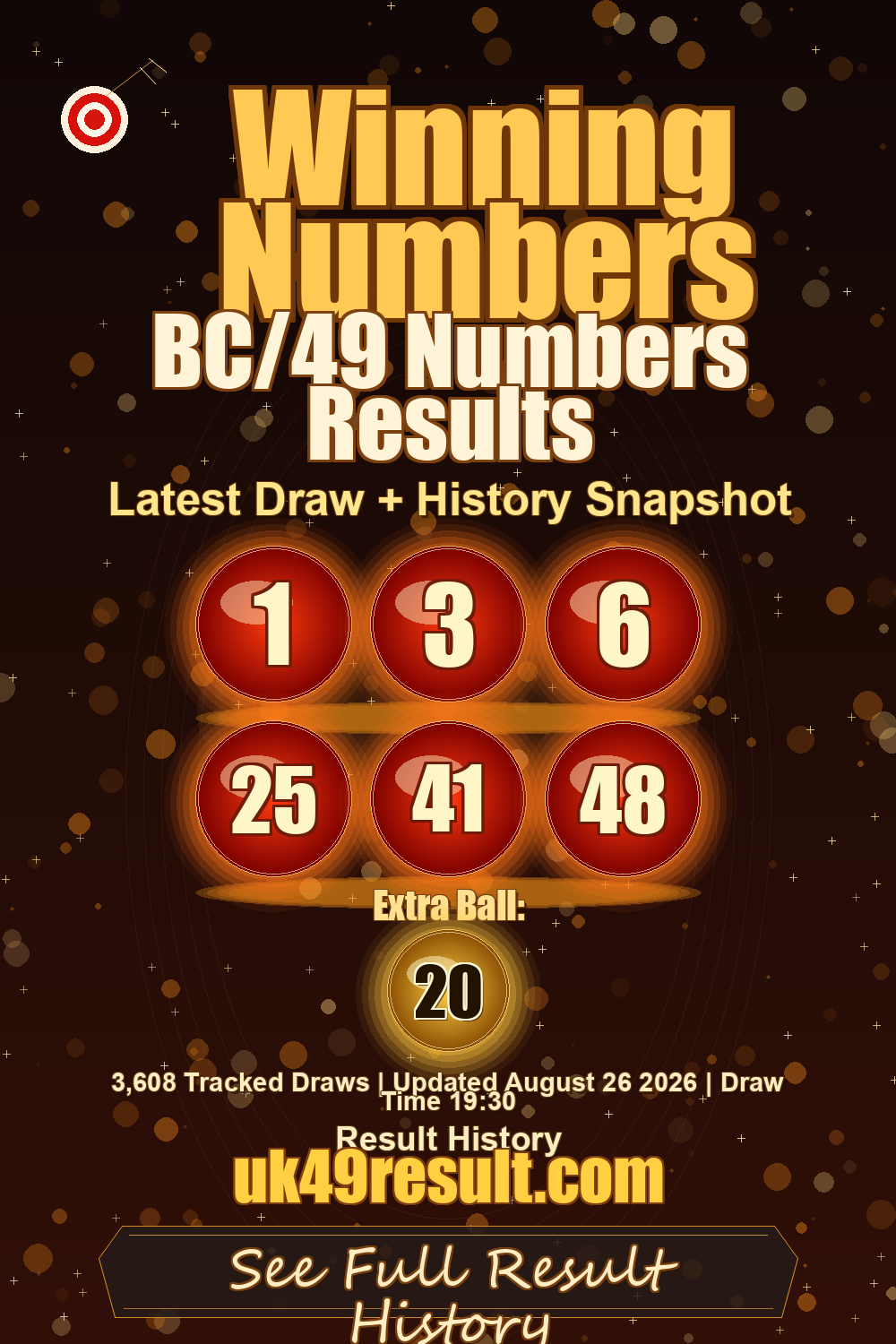 BC/49 Numbers Results image showing 1, 3, 6, 25, 41, 48. extra ball: 20