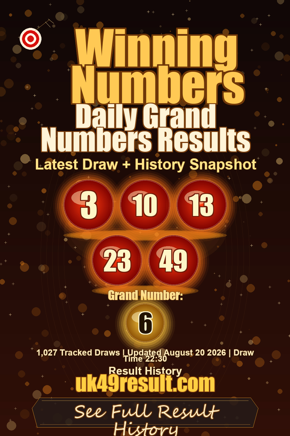Daily Grand Numbers Results image showing 3, 10, 13, 23, 49. grand number: 6