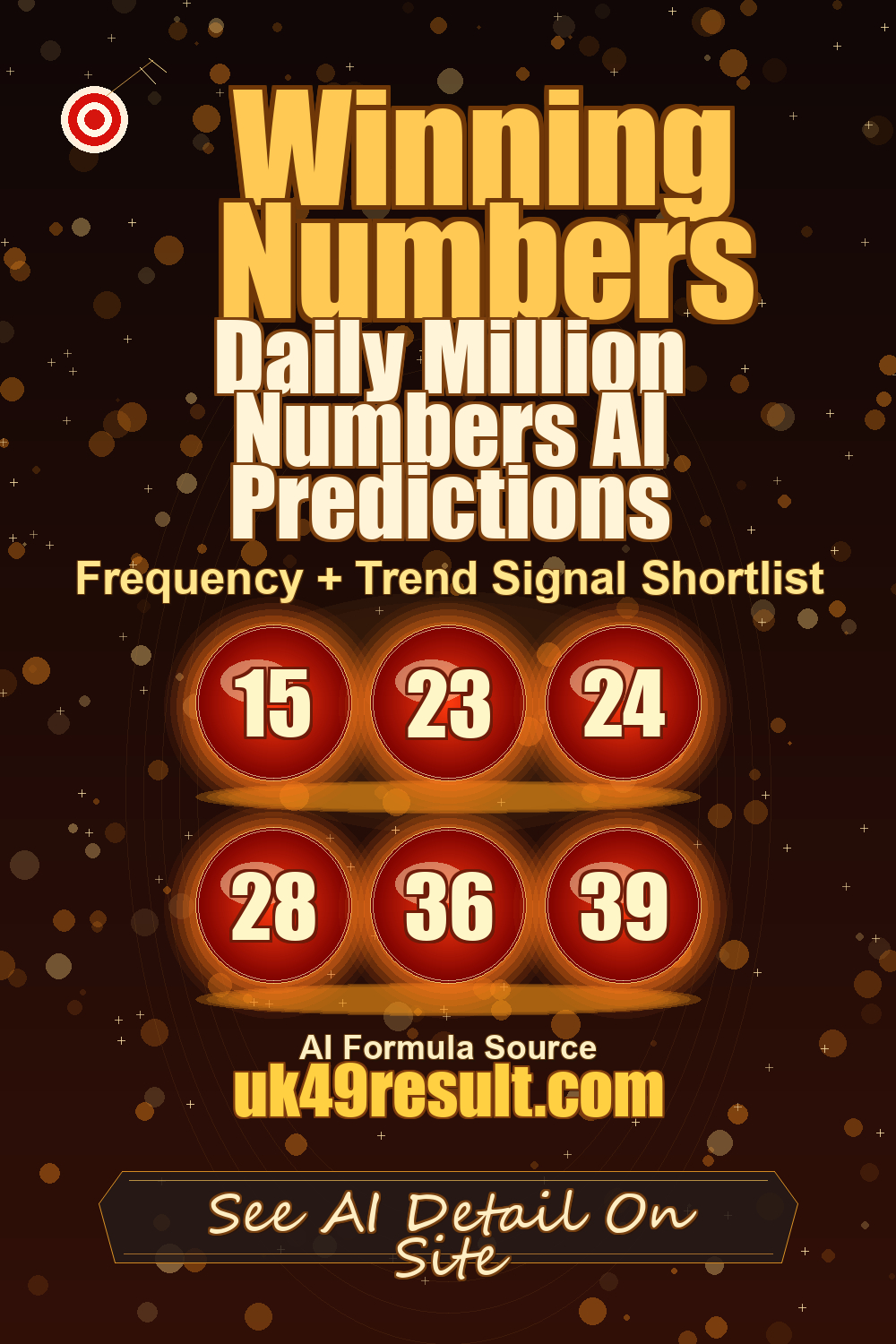 Daily Million Numbers AI Predictions image showing 15, 23, 24, 28, 36, 39