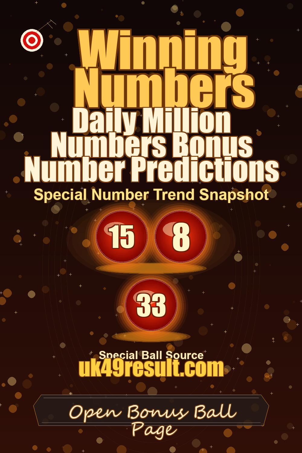 Daily Million Numbers Bonus Number Predictions image showing bonus ball: 15, 8, 33