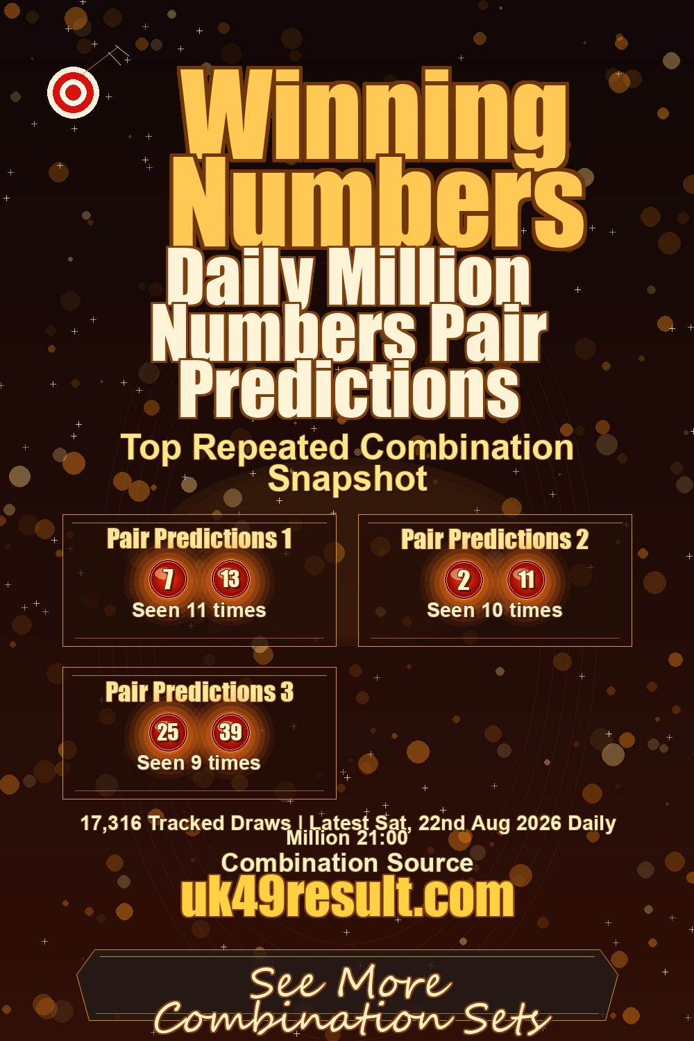 Daily Million Numbers Pair Predictions image showing pair predictions 1: 7, 13. pair predictions 2: 2, 11. pair predictions 3: 25, 39