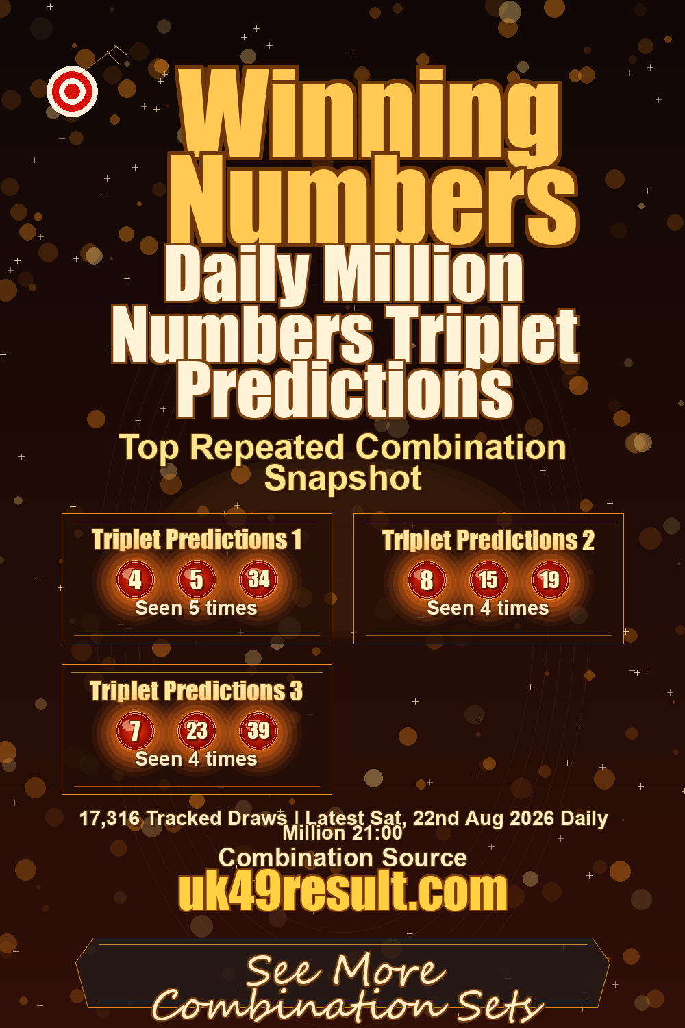 Daily Million Numbers Triplet Predictions image showing triplet predictions 1: 4, 5, 34. triplet predictions 2: 8, 15, 19. triplet predictions 3: 7, 23, 39