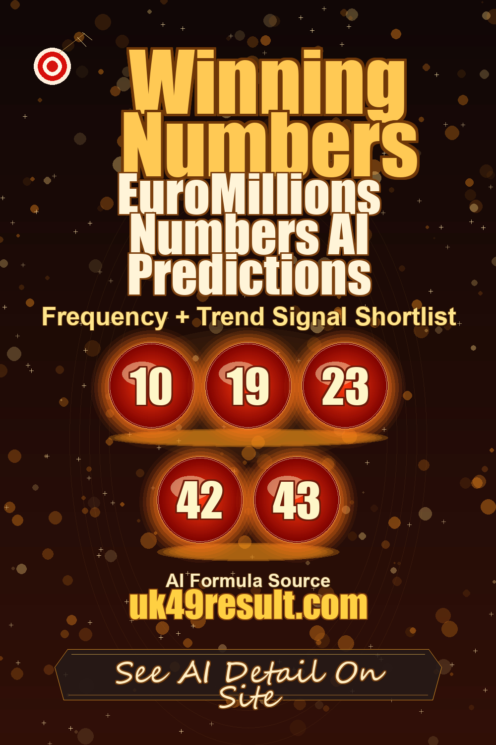EuroMillions Numbers AI Predictions image showing 10, 19, 23, 42, 43