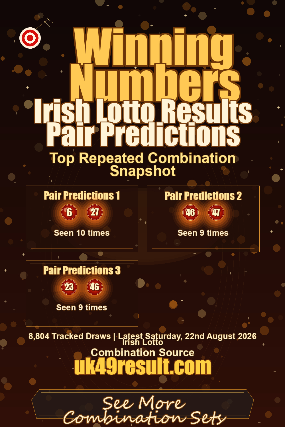 Irish Lotto Results Pair Predictions image showing pair predictions 1: 6, 27. pair predictions 2: 46, 47. pair predictions 3: 23, 46