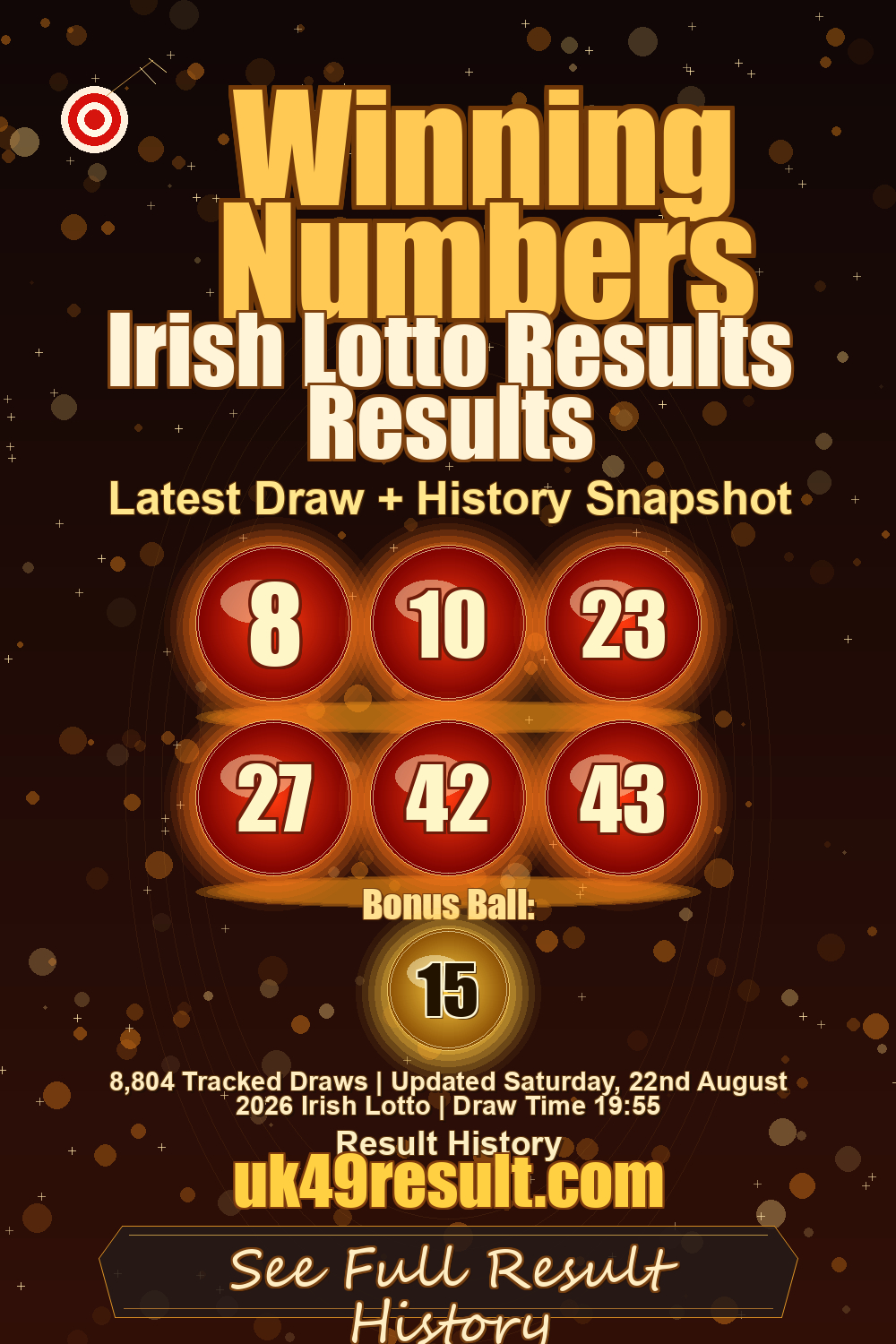 Irish Lotto Results Results image showing 8, 10, 23, 27, 42, 43. bonus ball: 15