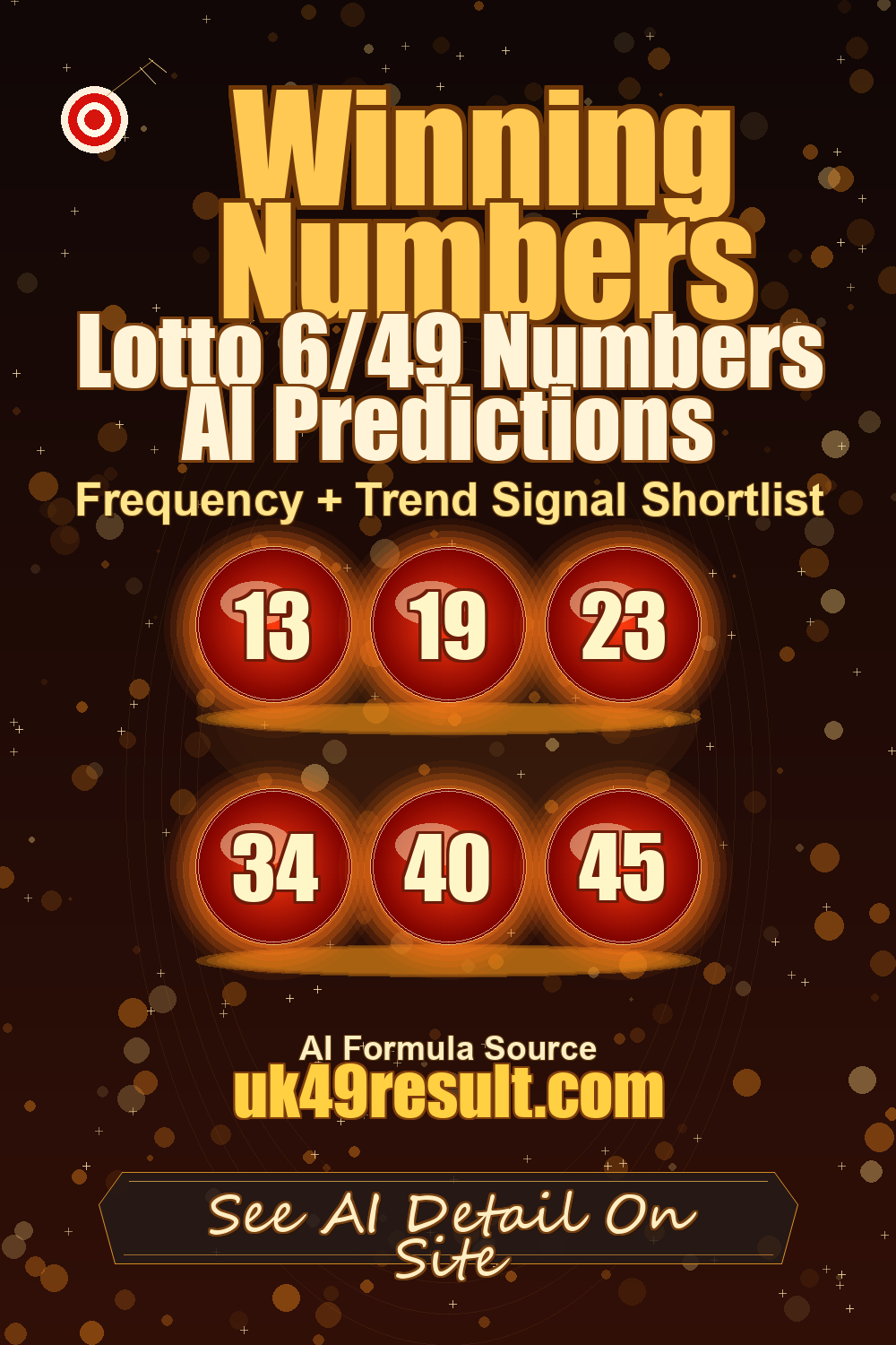 Lotto 6/49 Numbers AI Predictions image showing 13, 19, 23, 34, 40, 45