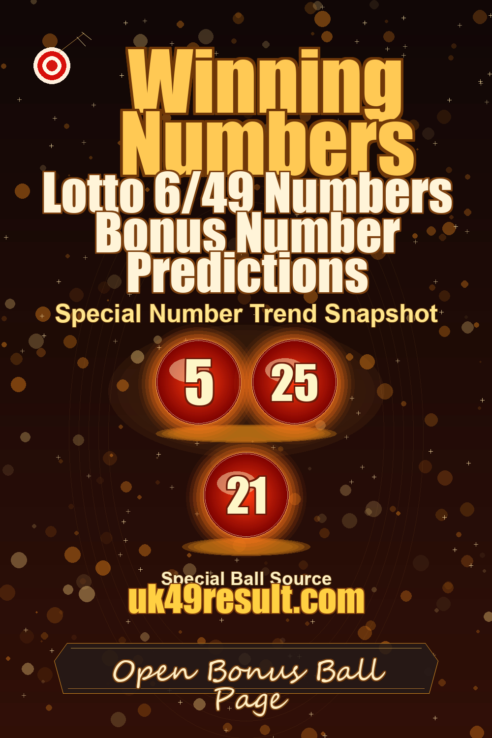 Lotto 6/49 Numbers Bonus Number Predictions image showing extra ball: 5, 25, 21