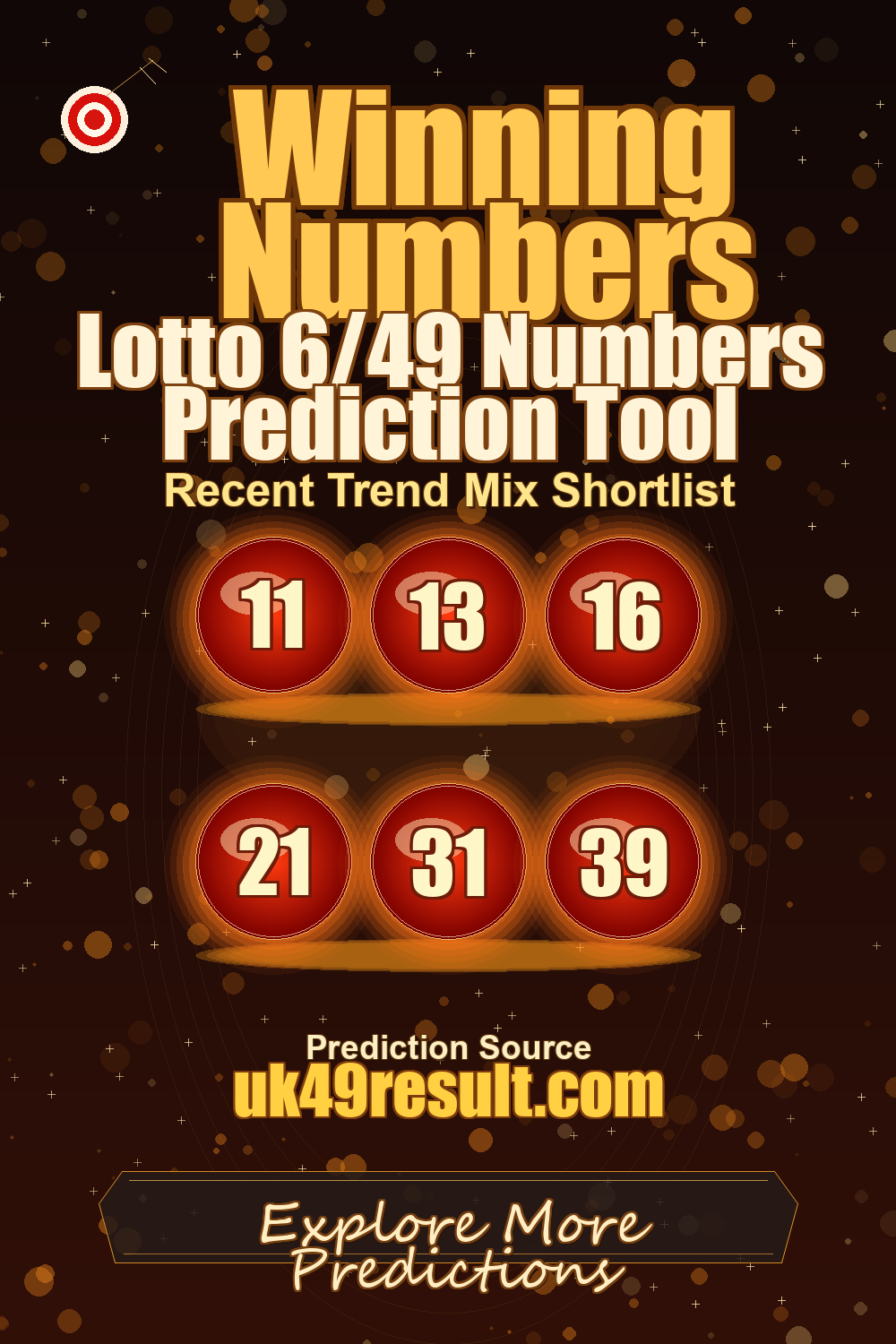 Lotto 6/49 Numbers Prediction Tool image showing 11, 13, 16, 21, 31, 39