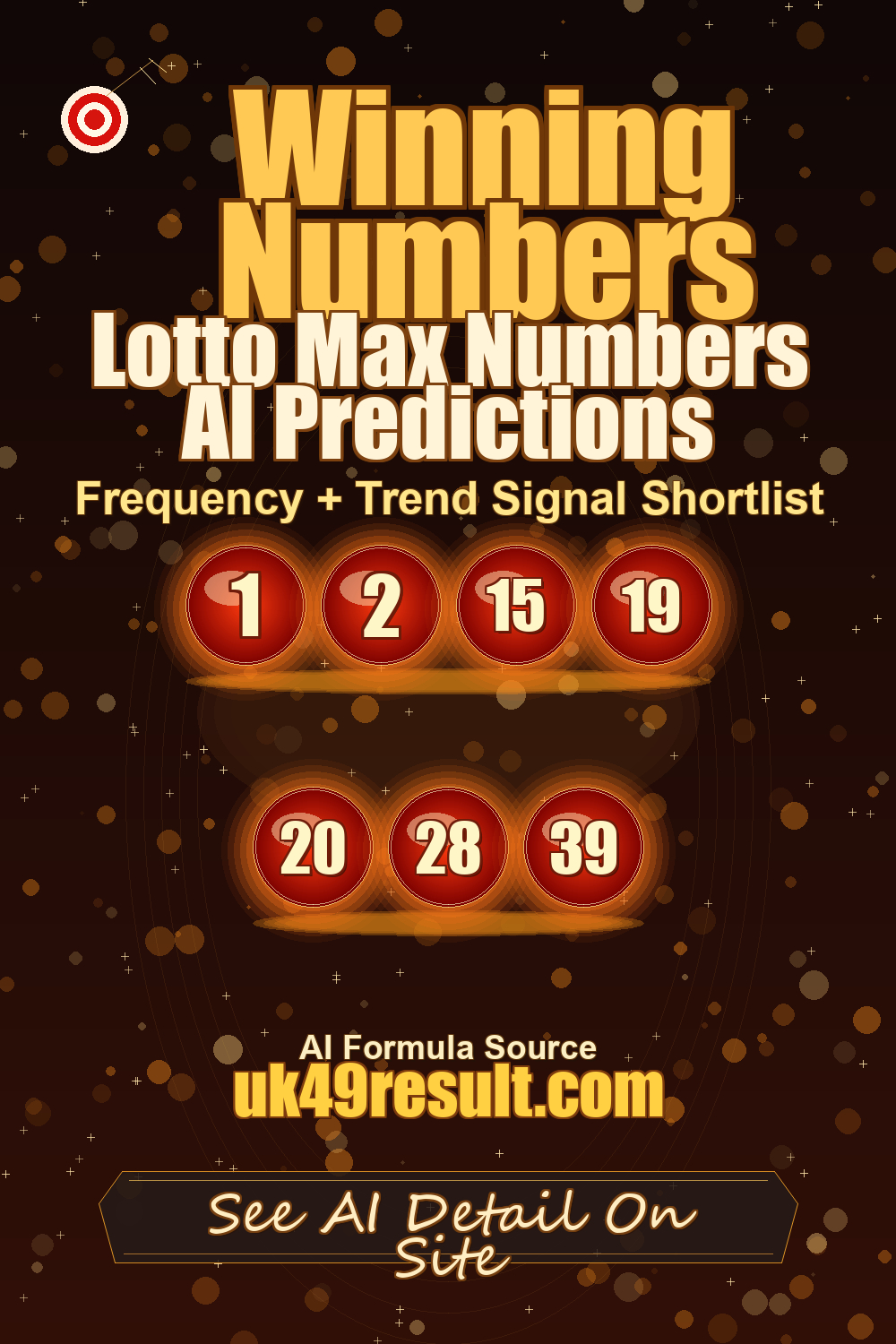 Lotto Max Numbers AI Predictions image showing 1, 2, 15, 19, 20, 28, 39