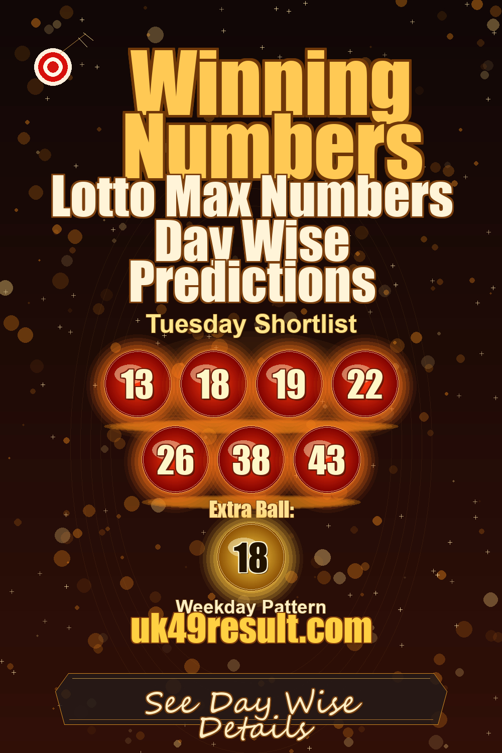 Lotto Max Numbers Day Wise Predictions image showing 13, 18, 19, 22, 26, 38, 43. extra ball: 18