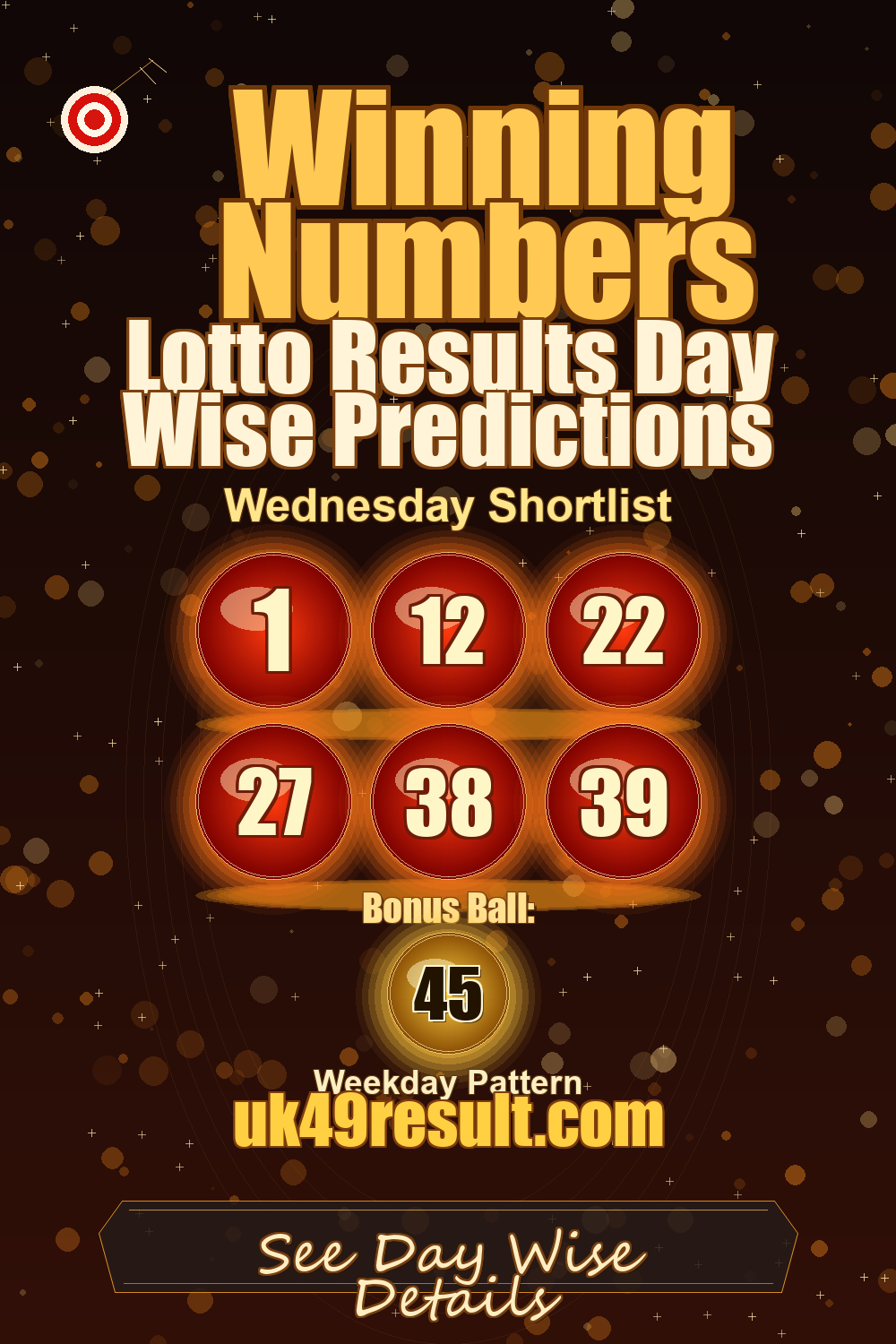 Lotto Results Day Wise Predictions image showing 1, 12, 22, 27, 38, 39. bonus ball: 45
