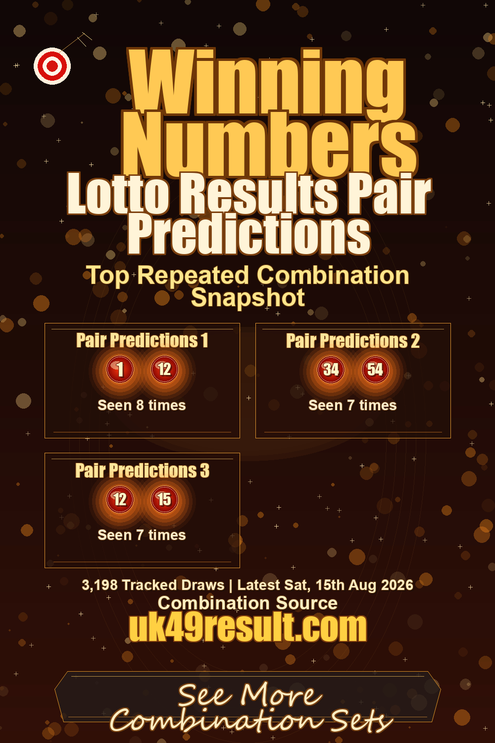 Lotto Results Pair Predictions image showing pair predictions 1: 1, 12. pair predictions 2: 34, 54. pair predictions 3: 12, 15