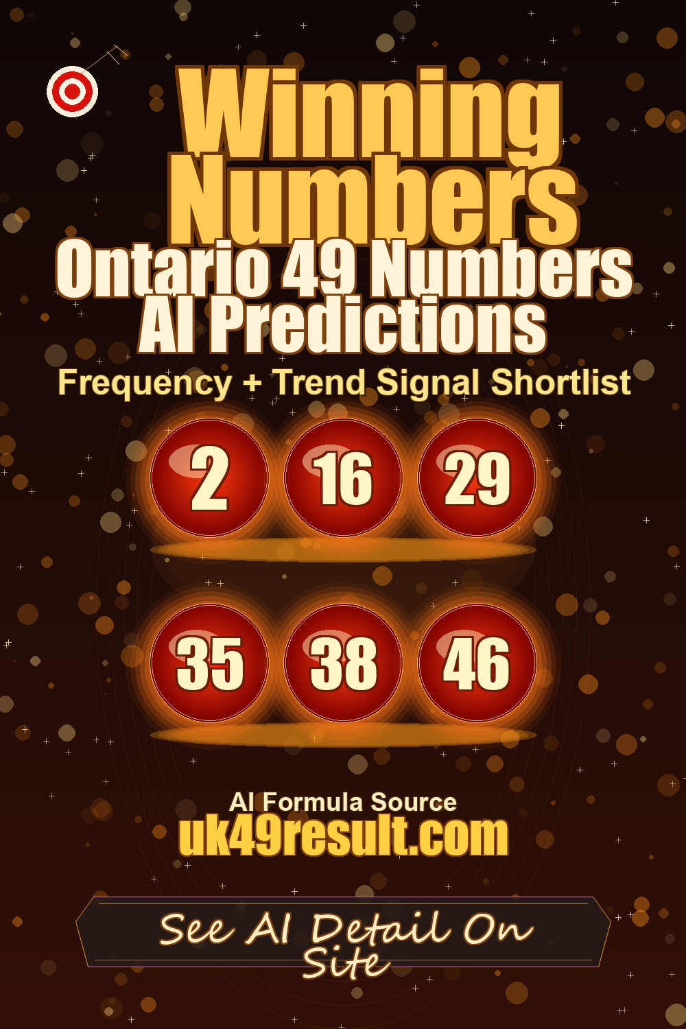 Ontario 49 Numbers AI Predictions image showing 2, 16, 29, 35, 38, 46
