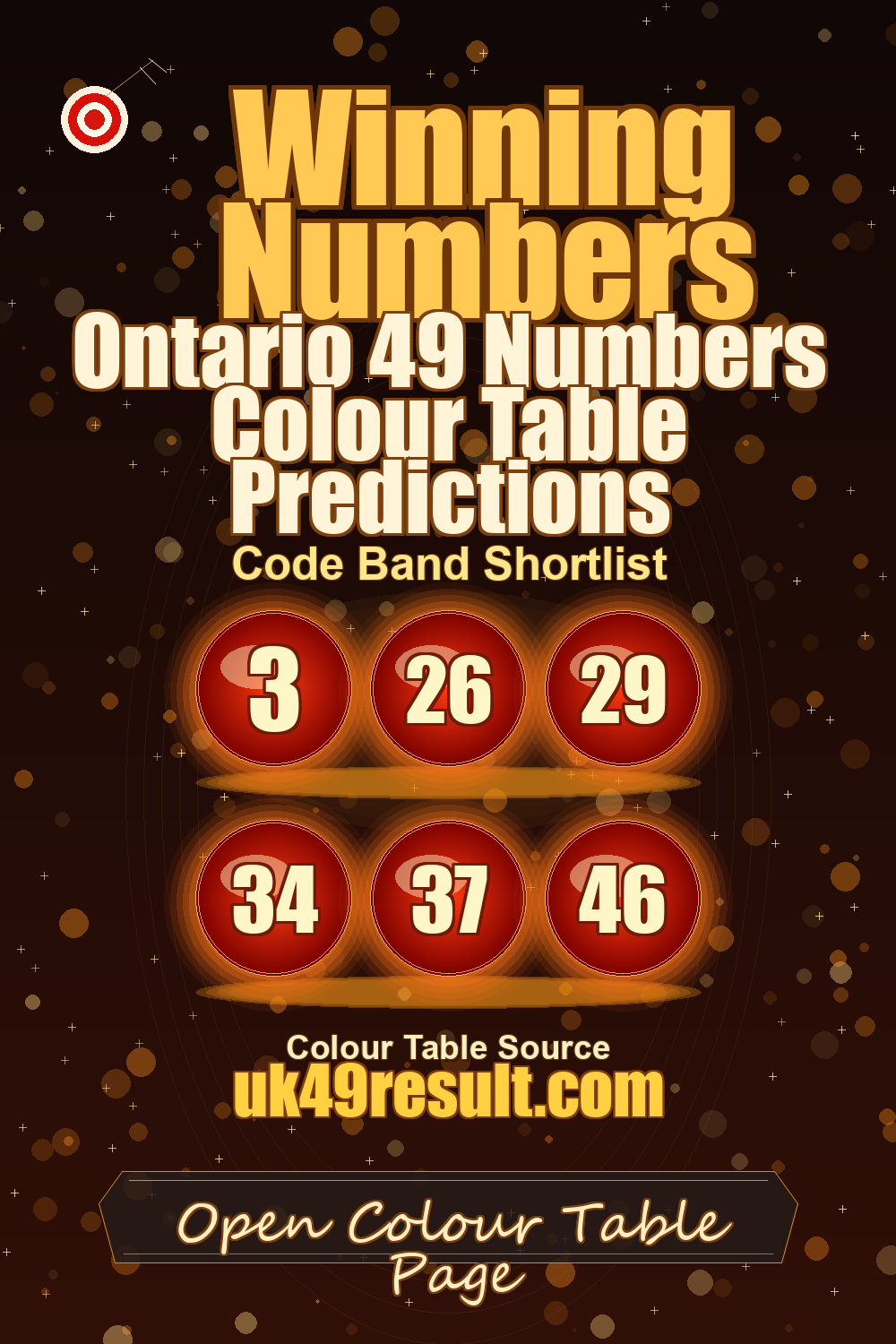 Ontario 49 Numbers Colour Table Predictions image showing 3, 26, 29, 34, 37, 46