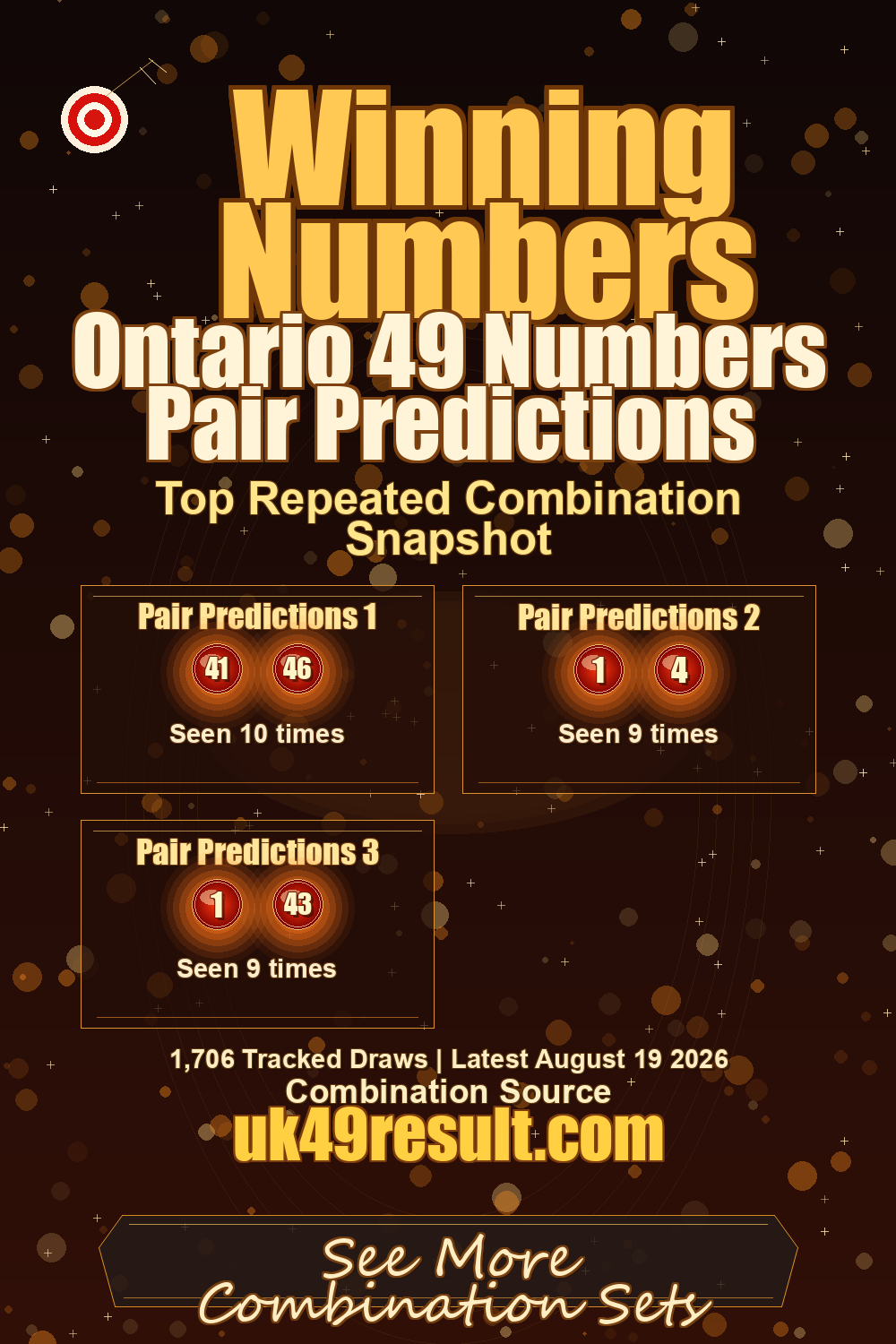 Ontario 49 Numbers Pair Predictions image showing pair predictions 1: 41, 46. pair predictions 2: 1, 4. pair predictions 3: 1, 43