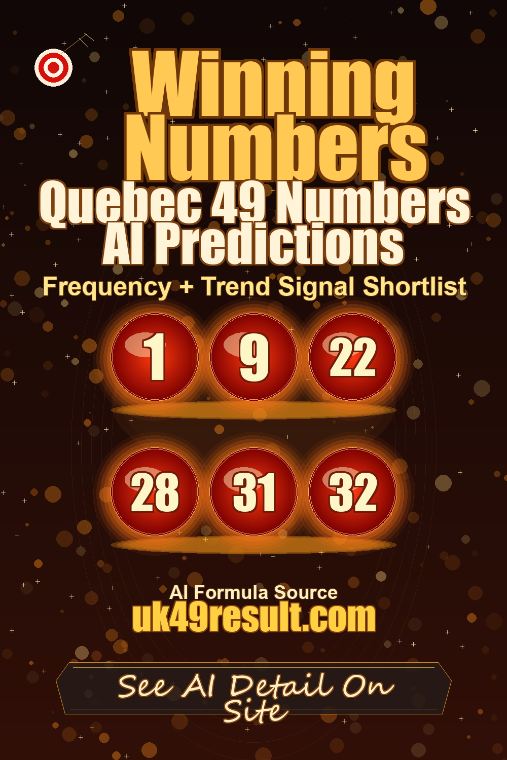 Quebec 49 Numbers AI Predictions image showing 1, 9, 22, 28, 31, 32