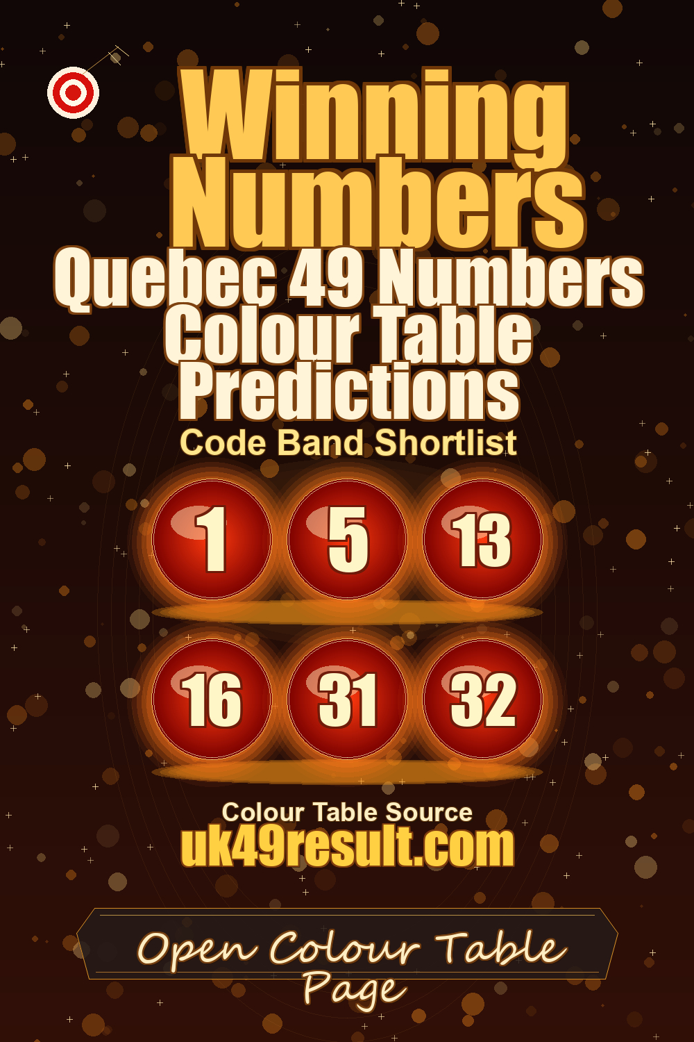 Quebec 49 Numbers Colour Table Predictions image showing 1, 5, 13, 16, 31, 32