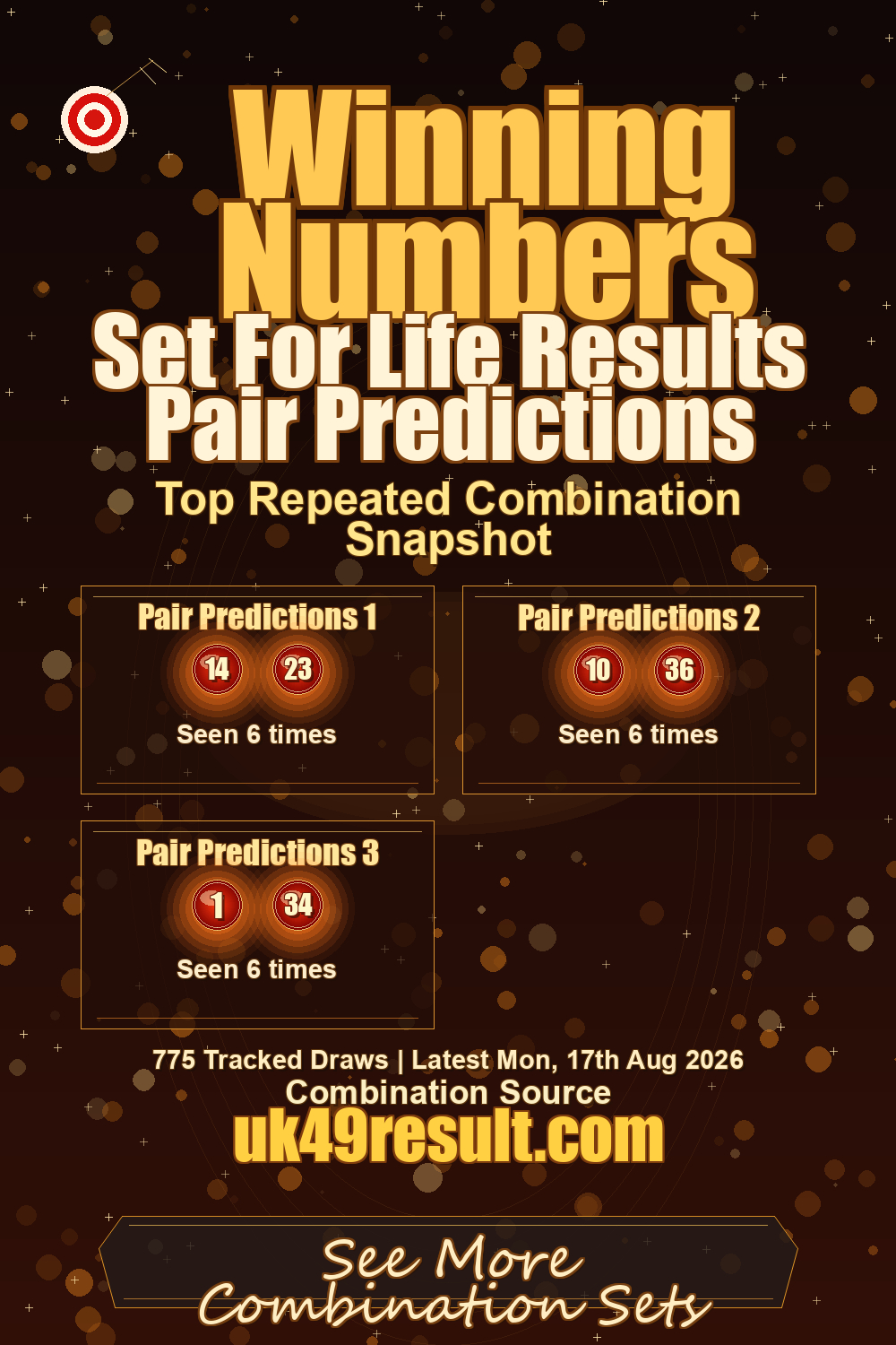 Set For Life Results Pair Predictions image showing pair predictions 1: 14, 23. pair predictions 2: 10, 36. pair predictions 3: 1, 34