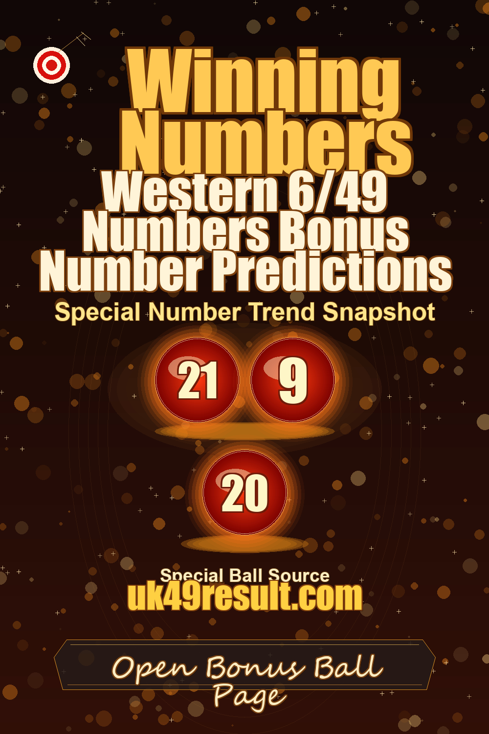 Western 6/49 Numbers Bonus Number Predictions image showing extra ball: 21, 9, 20
