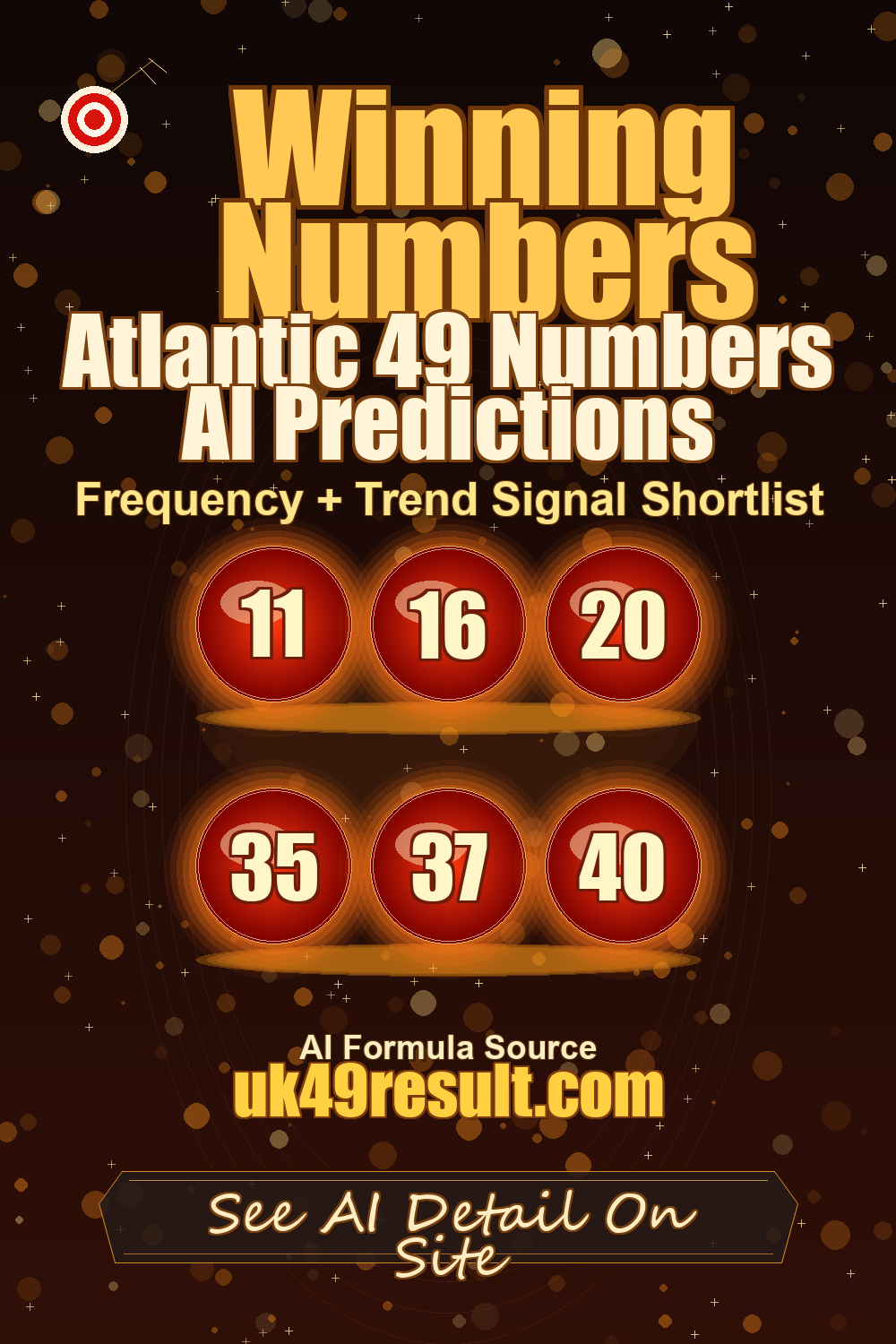 Atlantic 49 Numbers AI Predictions image showing 11, 16, 20, 35, 37, 40